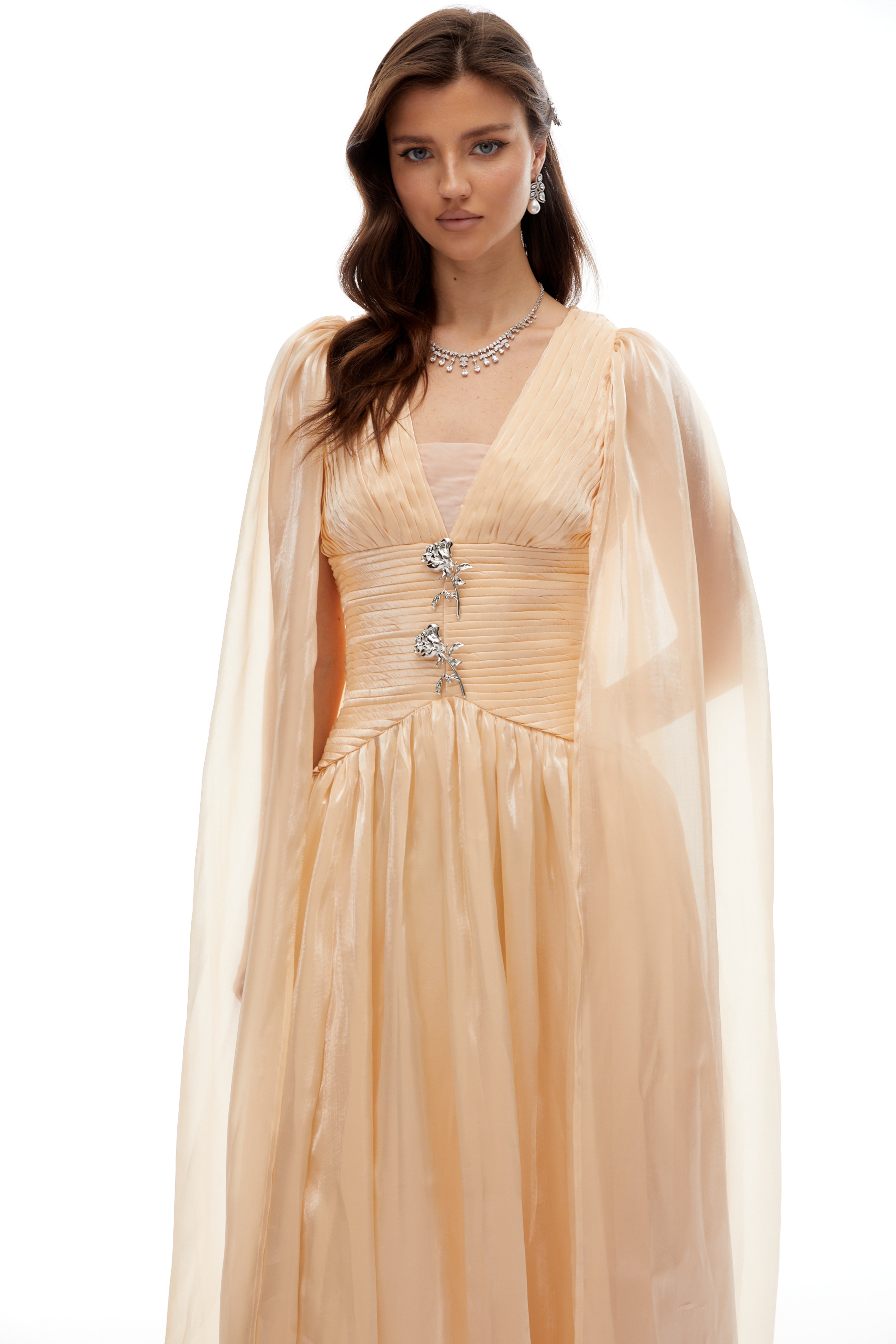 Natividad Champagne Cape Design Maxi Dress