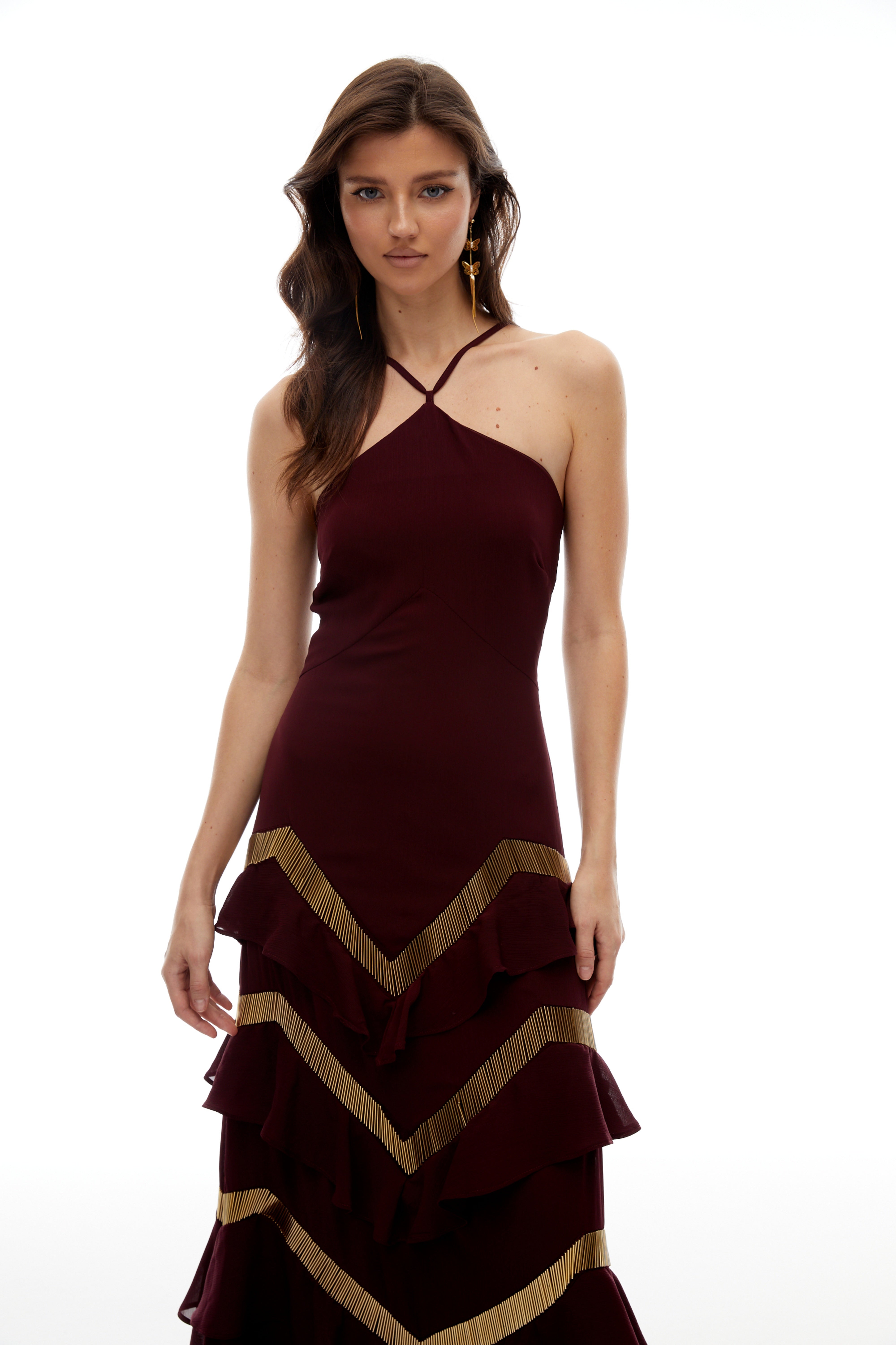 Zénaïde Burgundy Halterneck Ruffled Tiered Maxi Dress