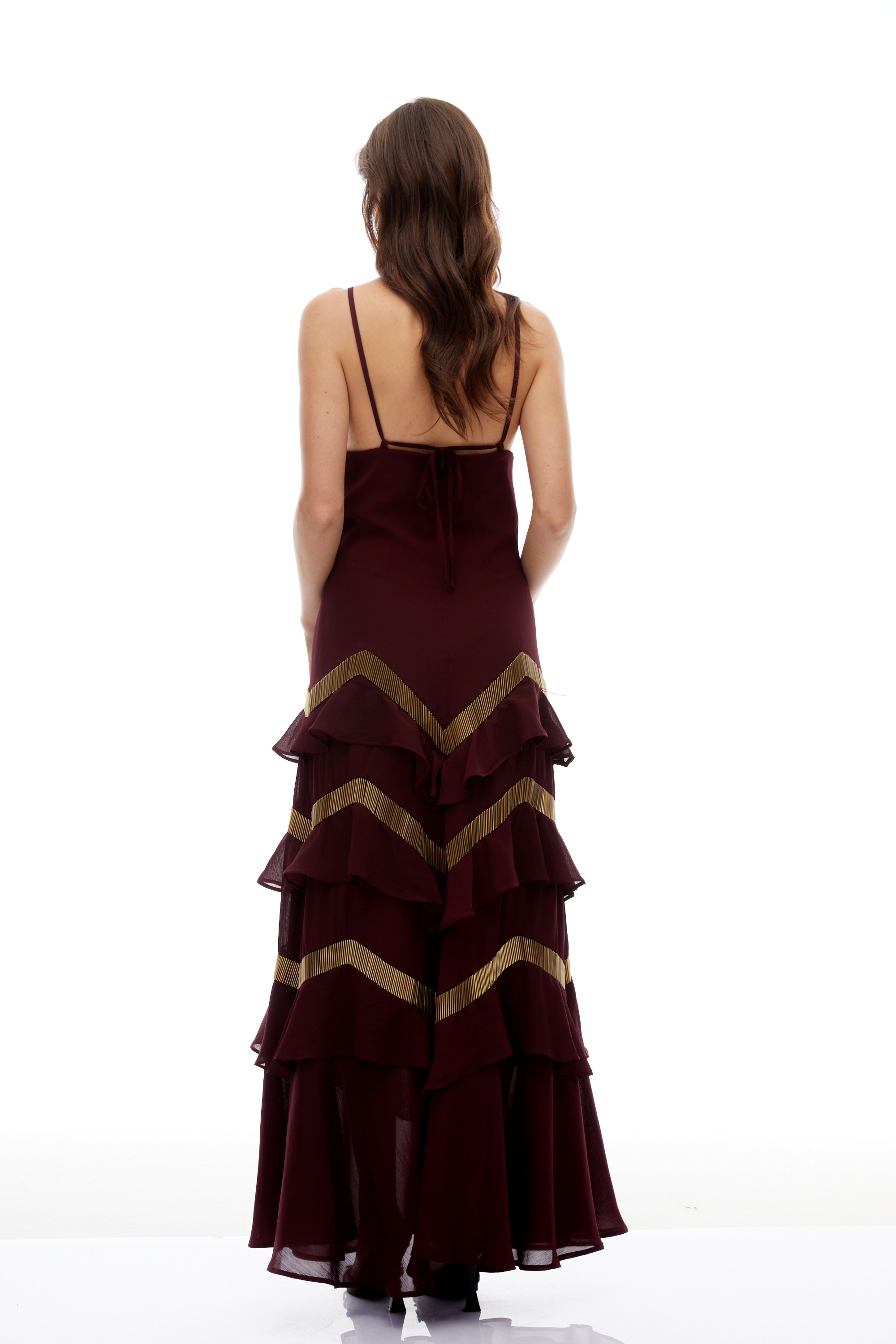 Zénaïde Burgundy Halterneck Ruffled Tiered Maxi Dress