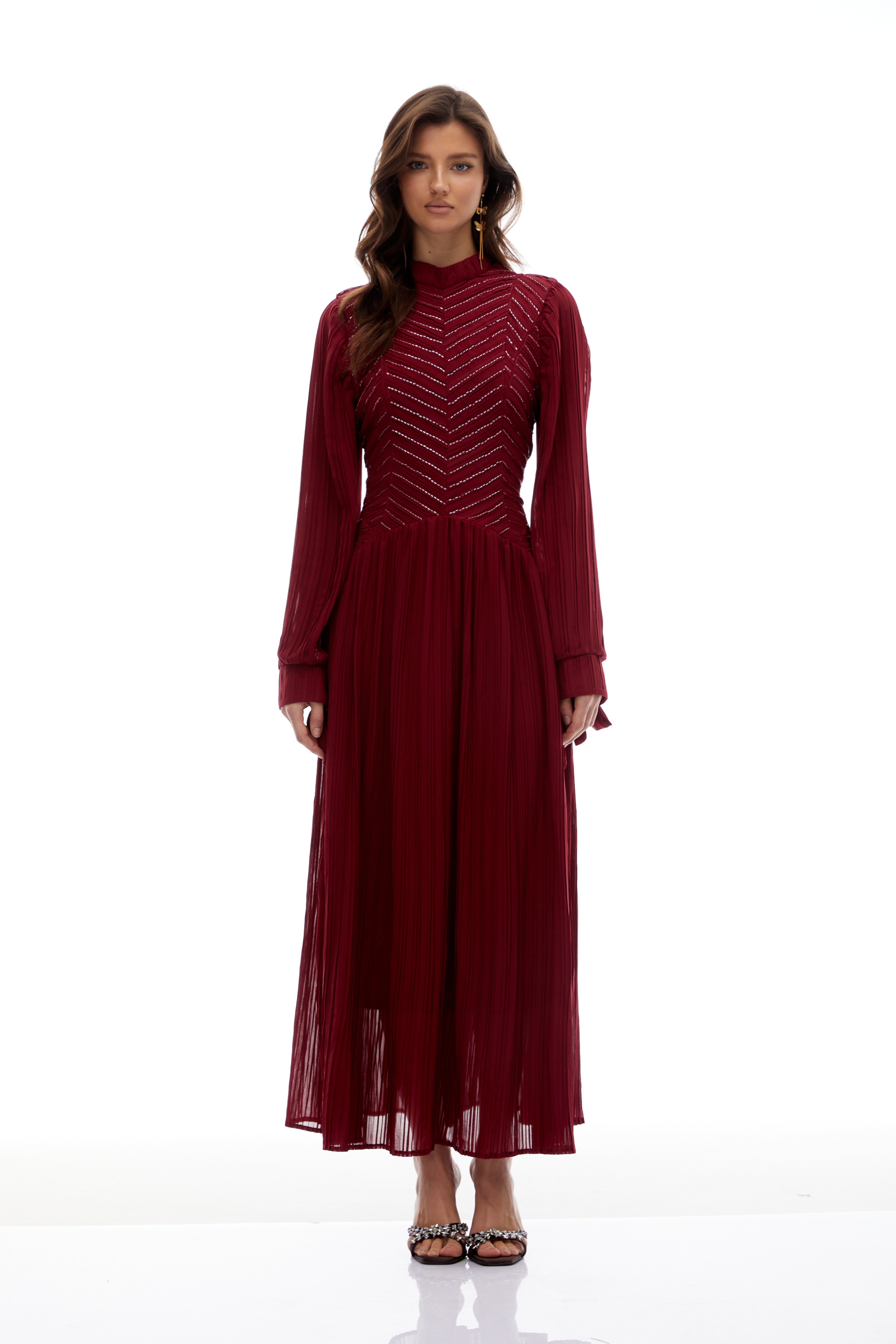 Hulda Burgundy Bead Embellished Ruched Maxi Dress