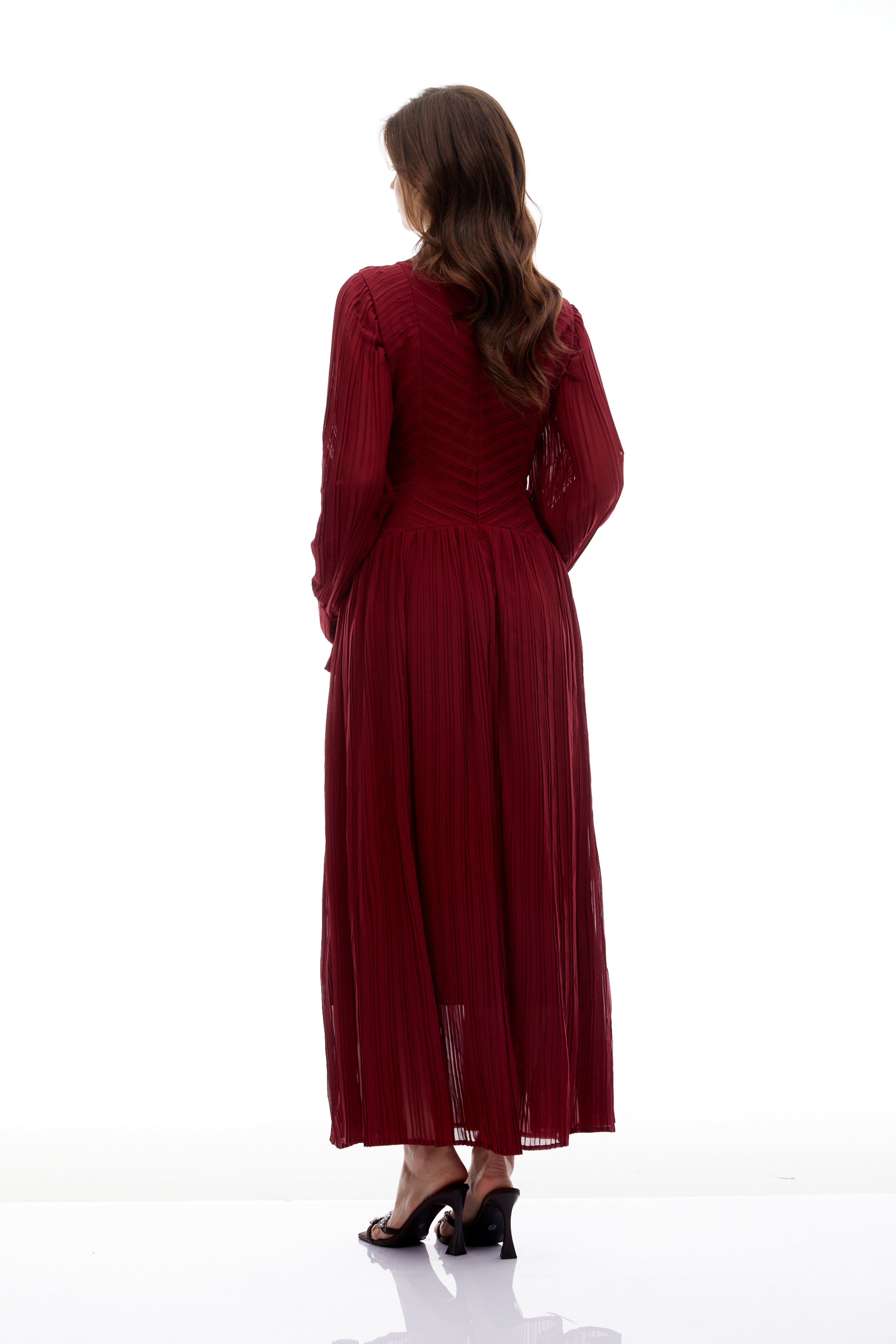 Hulda Burgundy Bead Embellished Ruched Maxi Dress