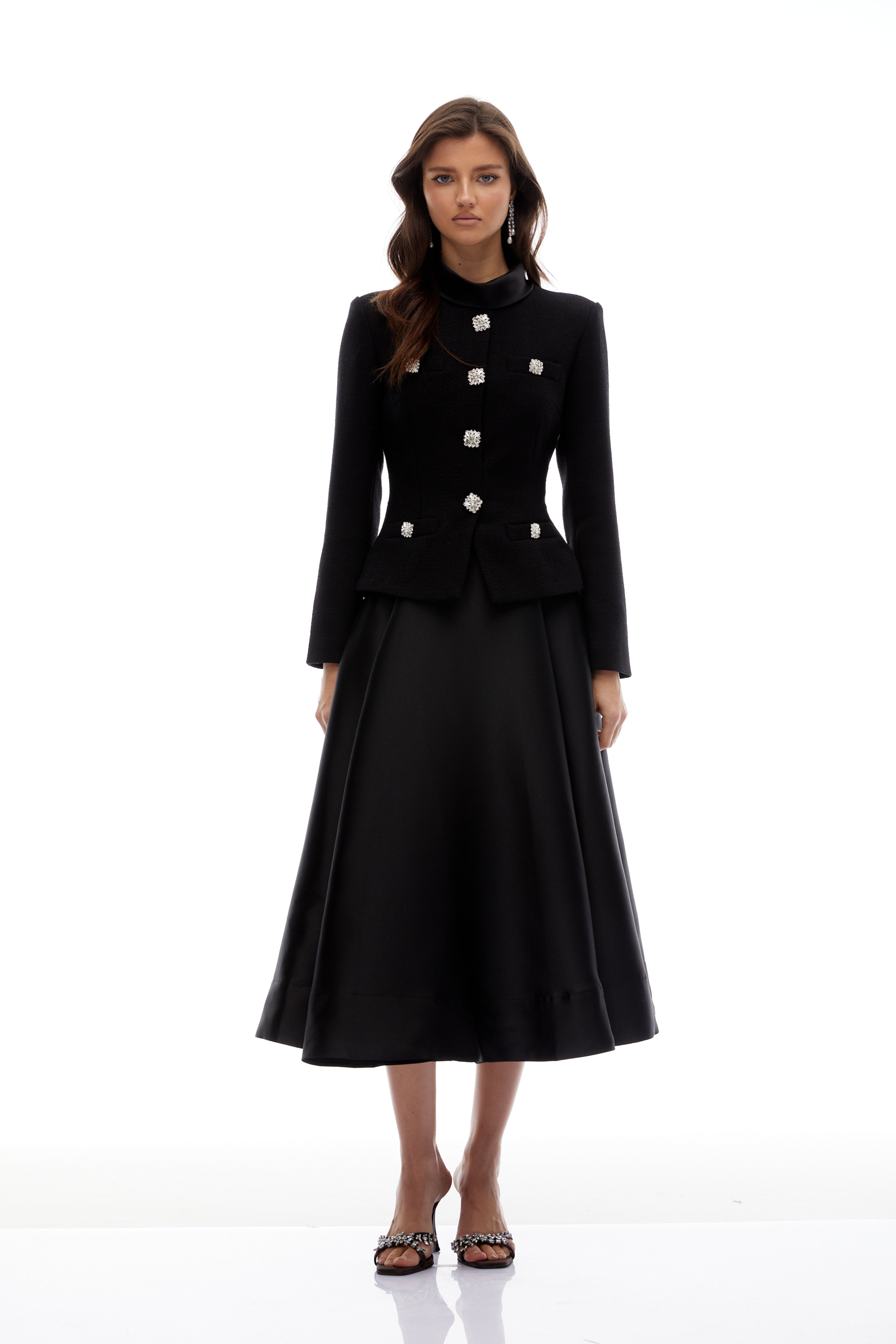 Lorelei Schwarzes Tweed-Midikleid mit hohem Kragen