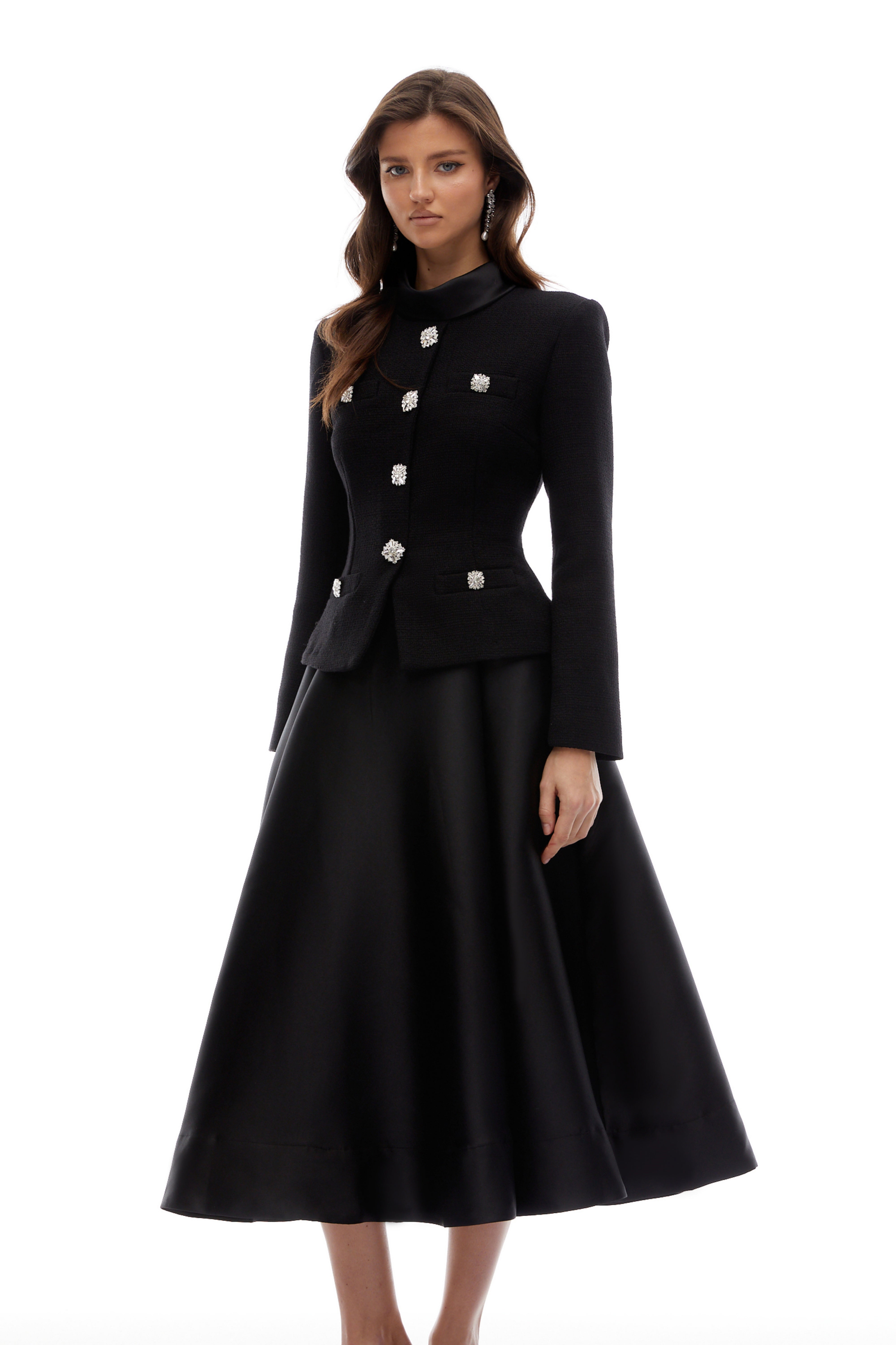 Lorelei Schwarzes Tweed-Midikleid mit hohem Kragen