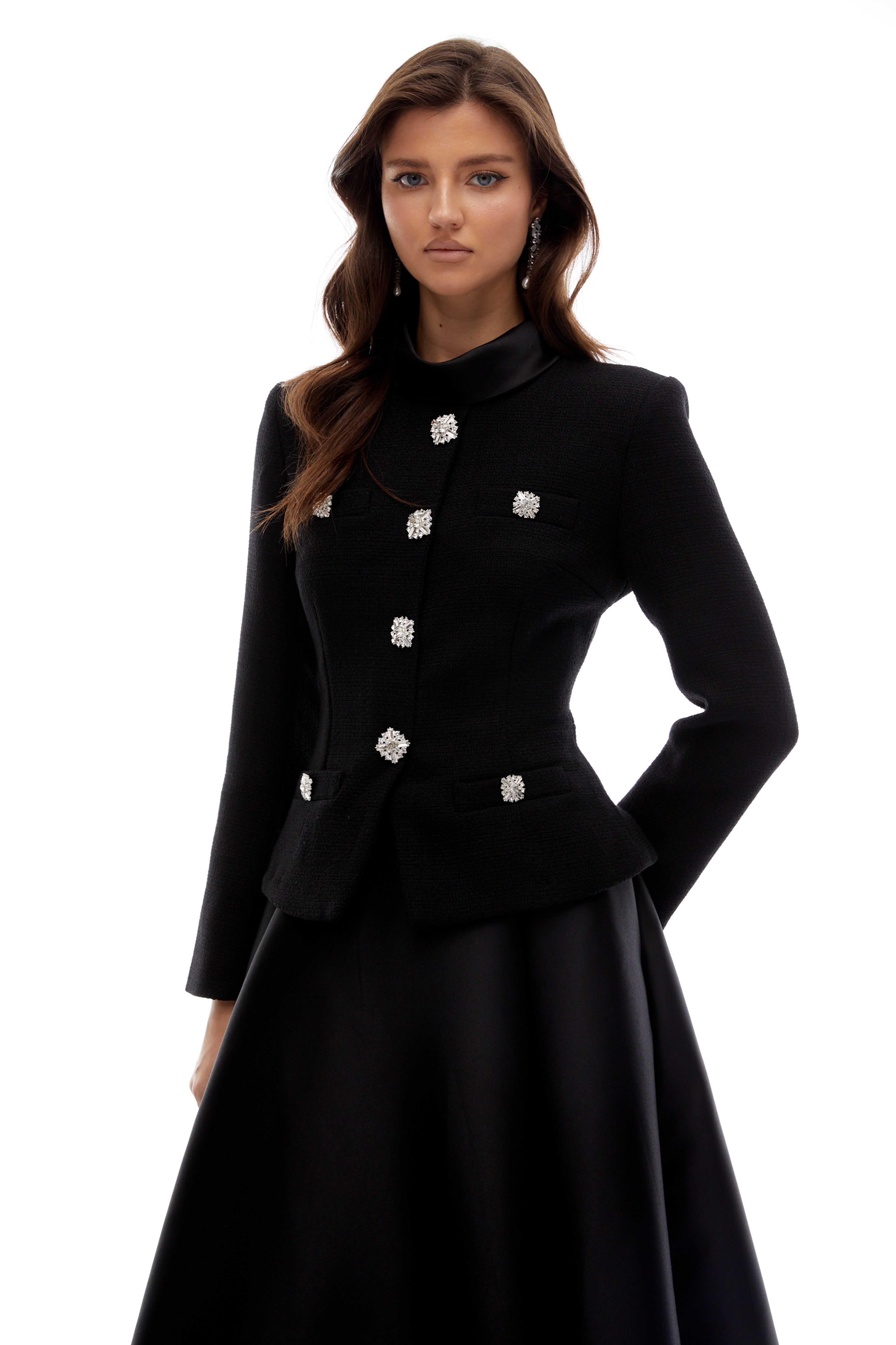 Lorelei Schwarzes Tweed-Midikleid mit hohem Kragen