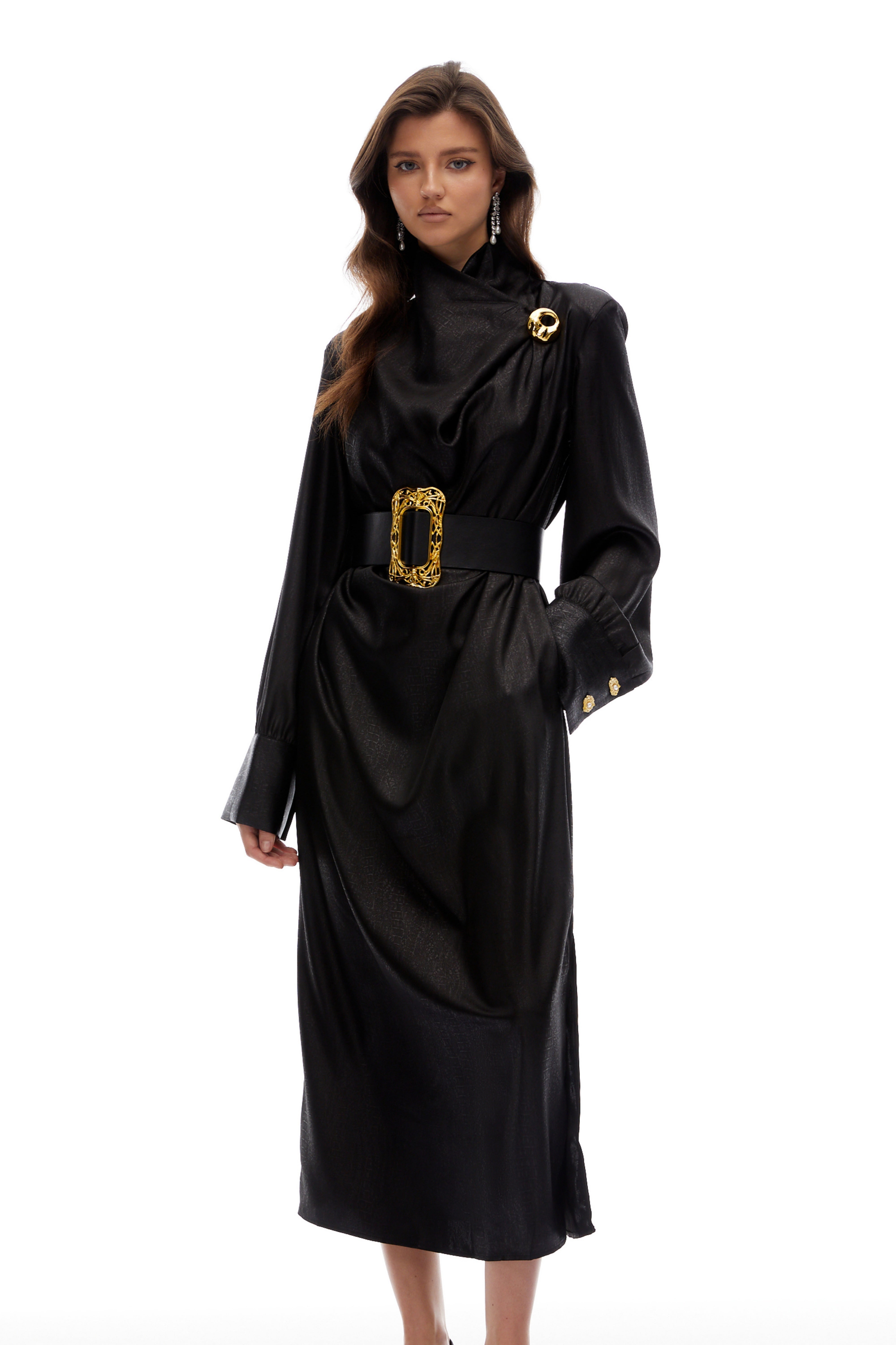 Frederica Black Belted Textured Leather Coat