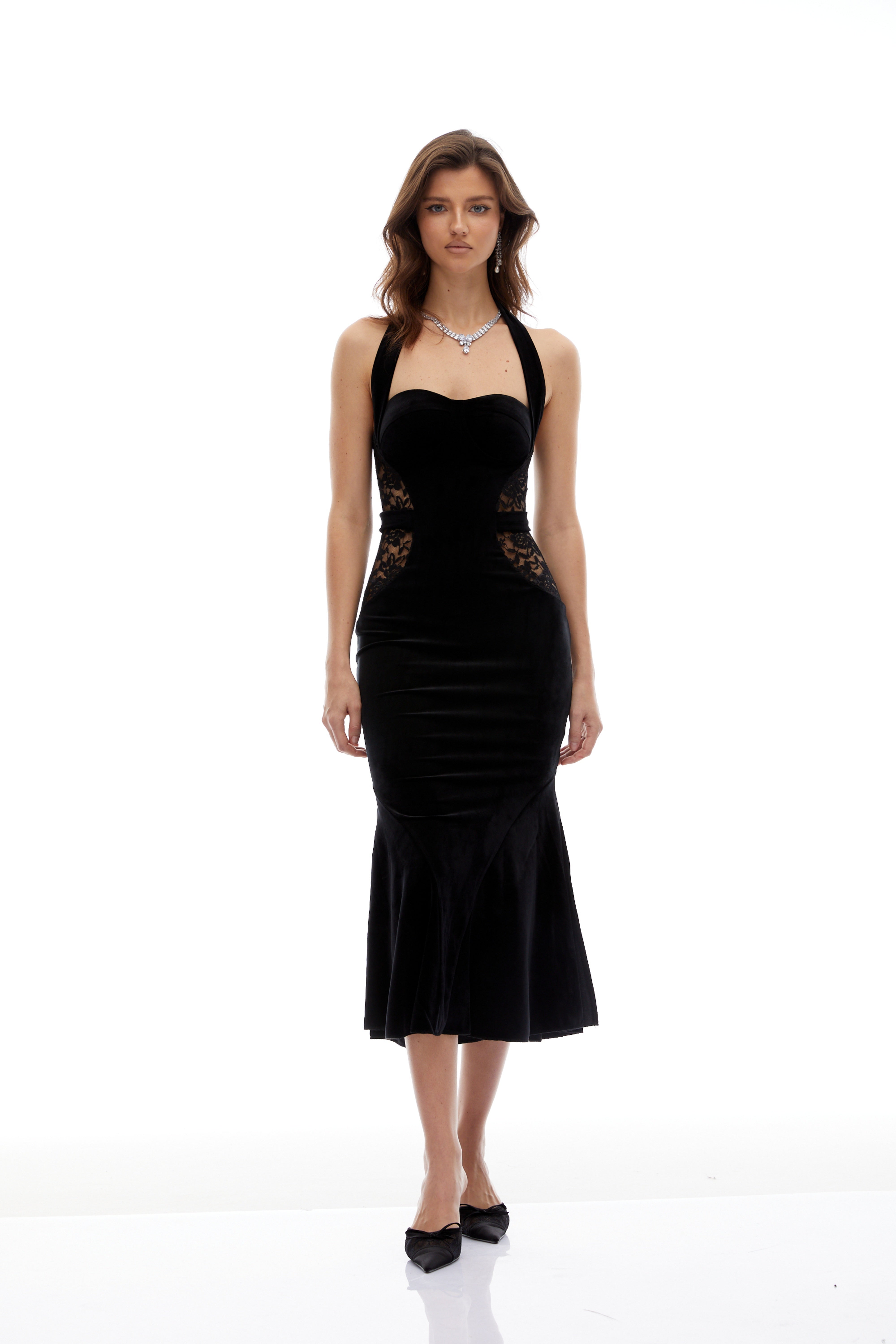Tove Black Lace Panel Velvet Midi Dress