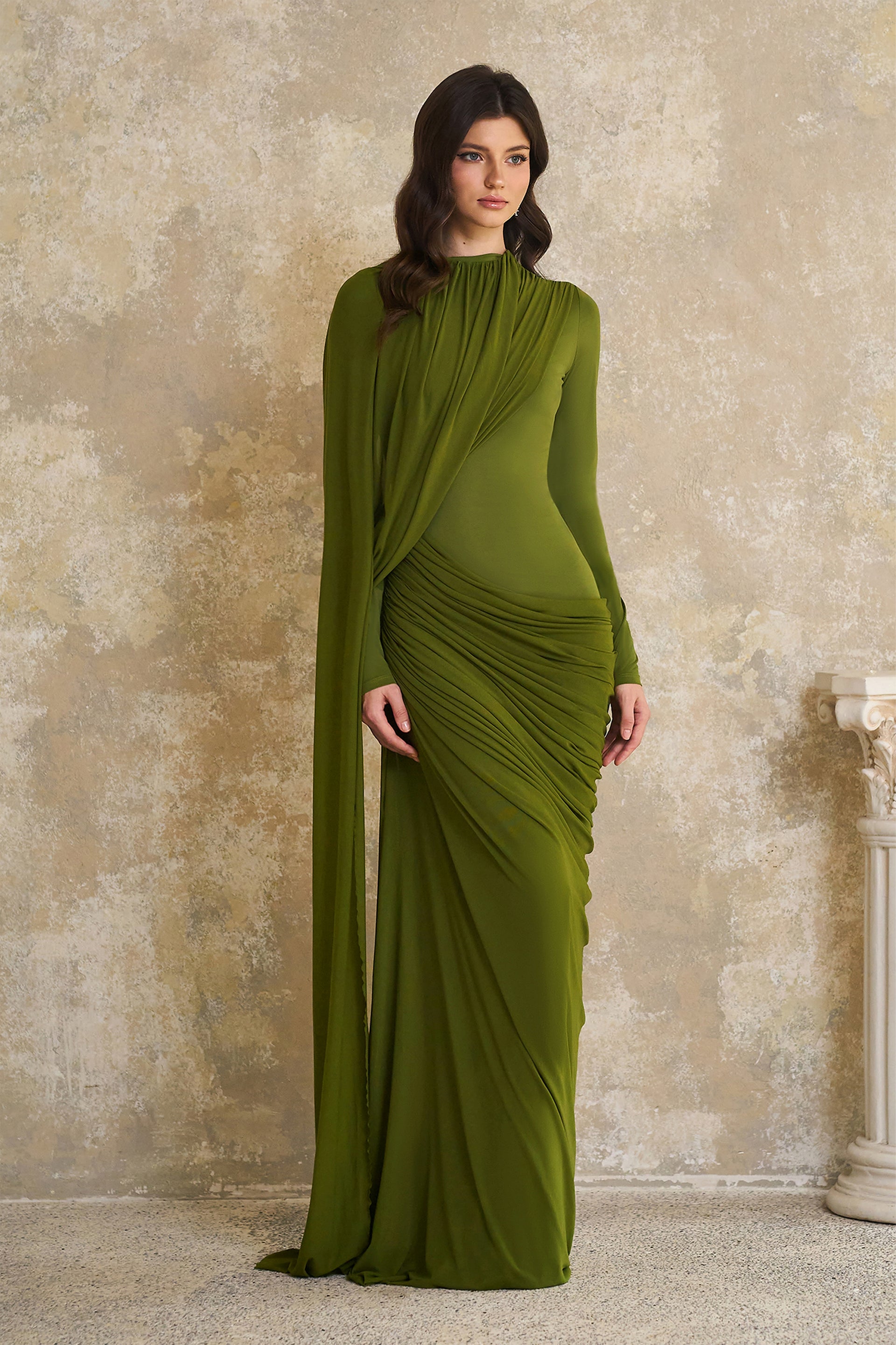 Emilia Green Asymmetrical Ribbon Draped Maxi Dress Emilia Green Asymmetrical Ribbon Draped Maxi Dress