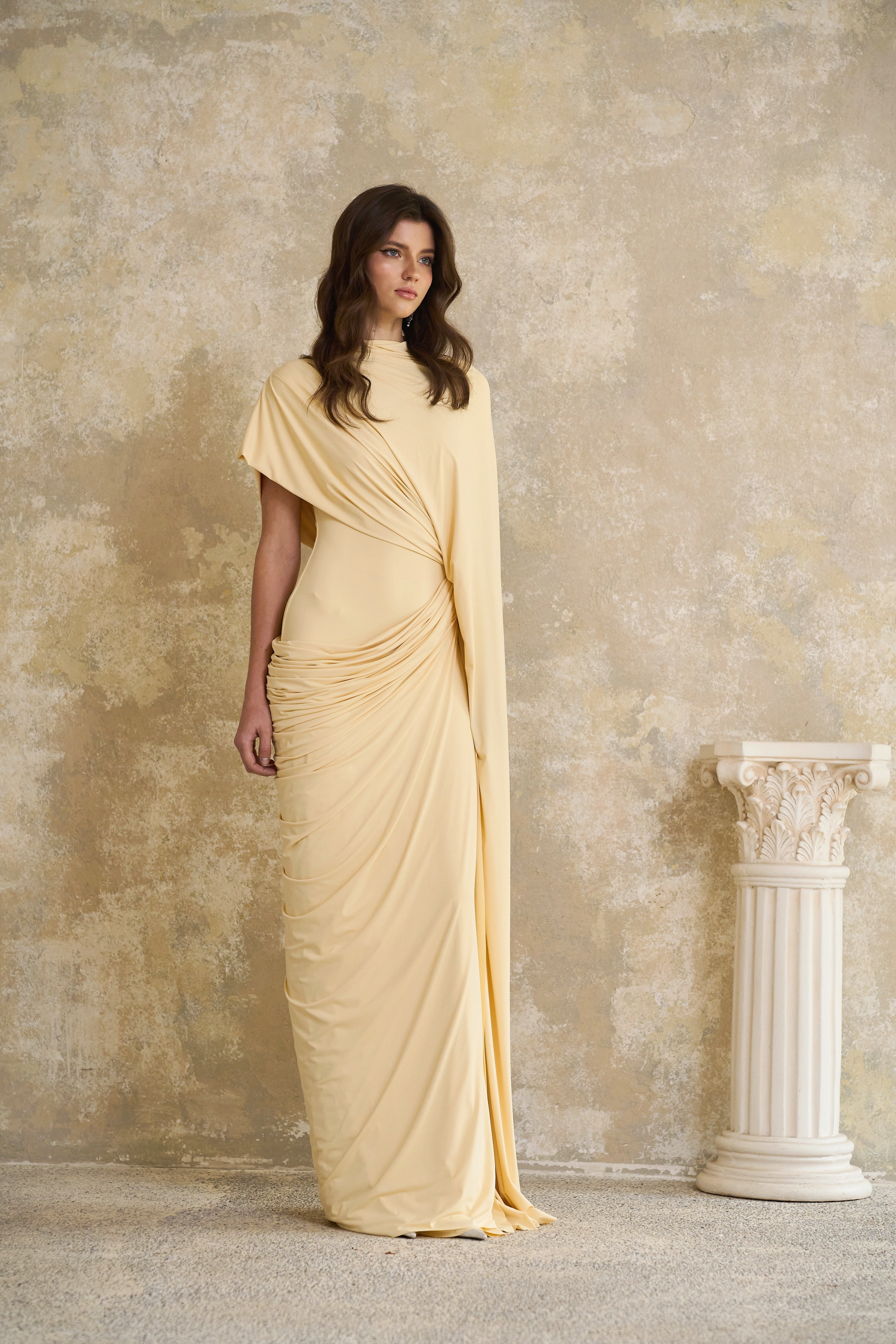 Fenella Yellow Asymmetrical Draped Cape & Dress Matching Set