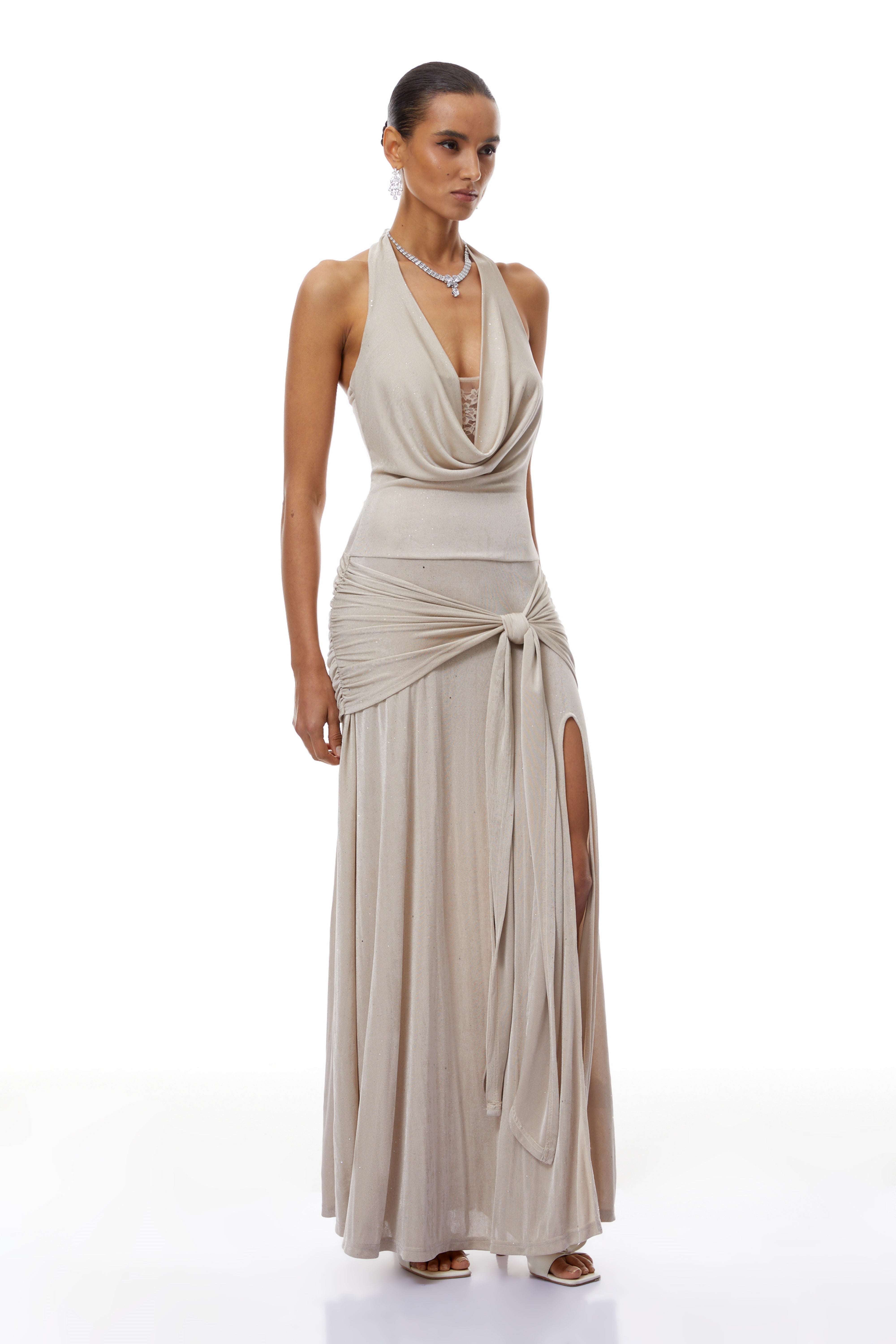 Gioconda Khaki Glitter Knit Maxi Dress