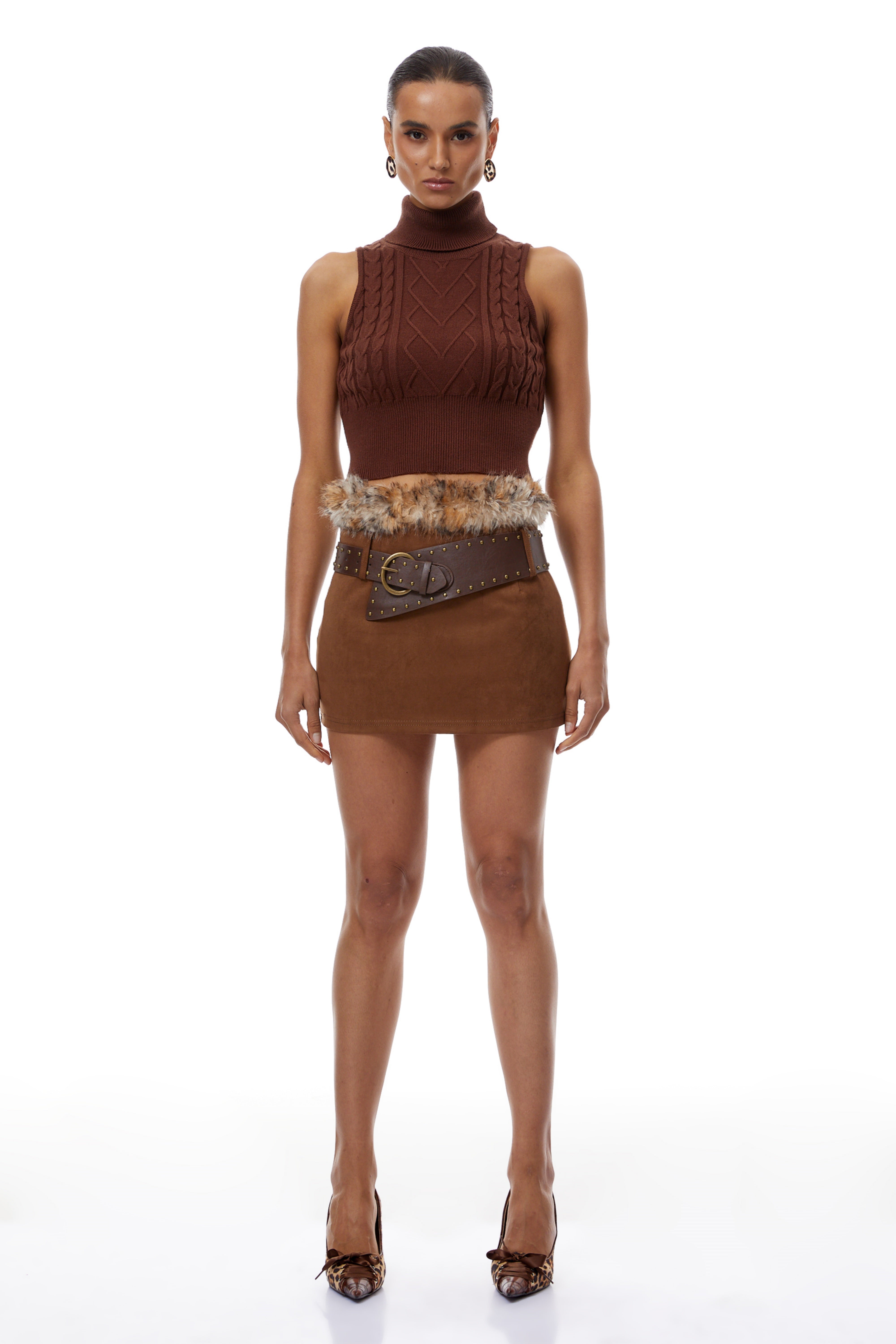 Daria Brown Knit Vest & Suede Skirt Set