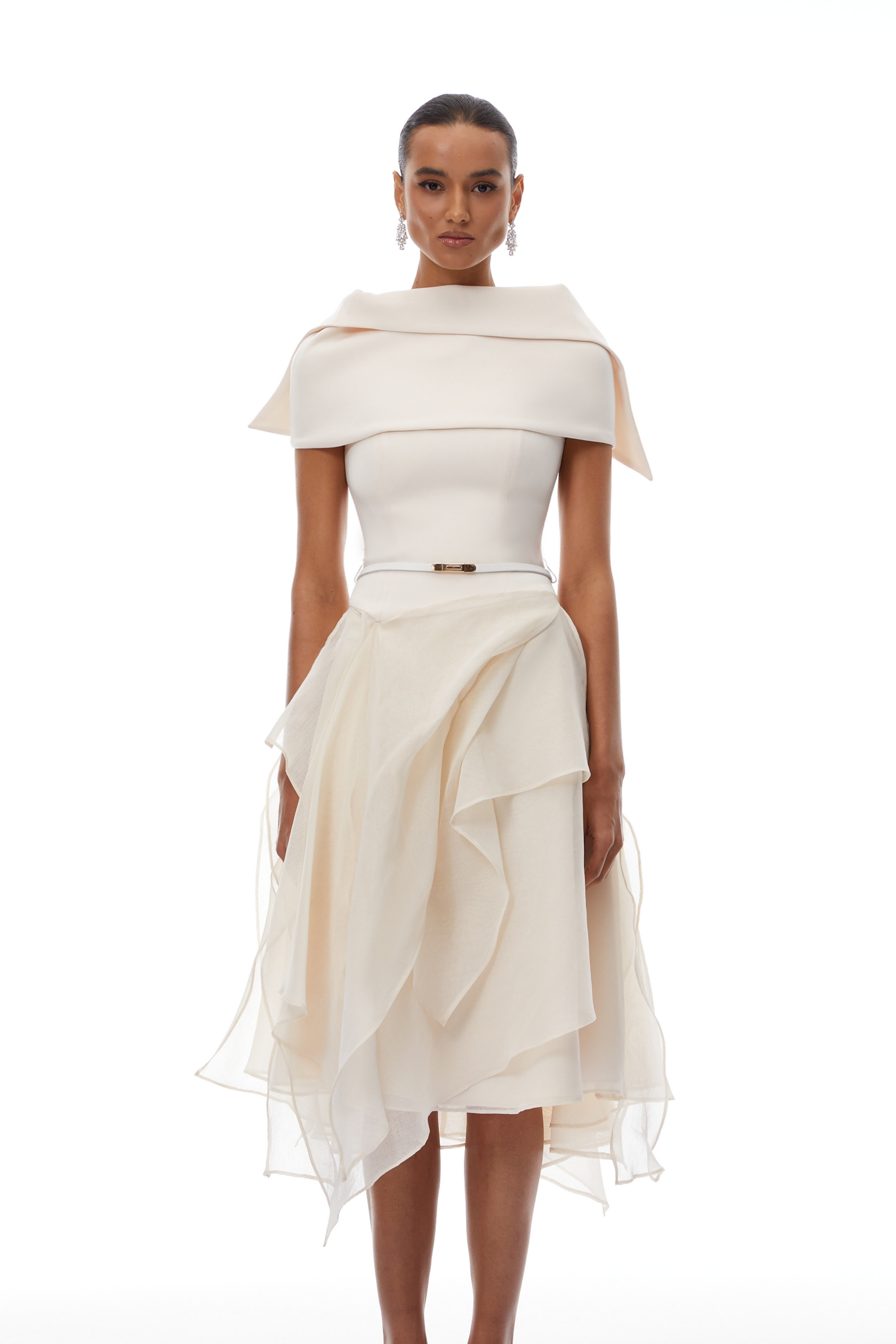 Aria White Asymmetrical Shawl & Tulle Panel Dress Set