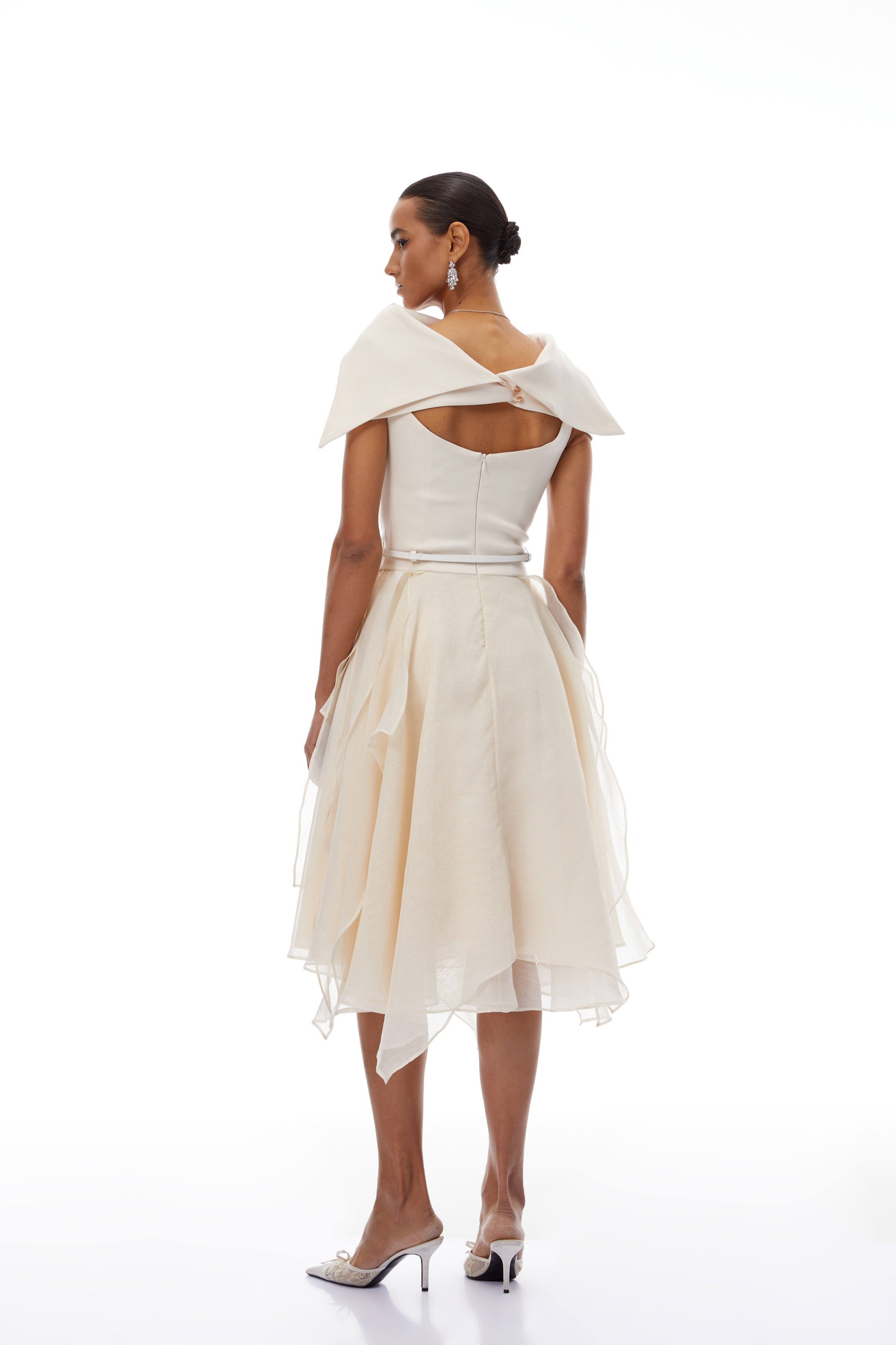 Aria White Asymmetrical Shawl & Tulle Panel Dress Set