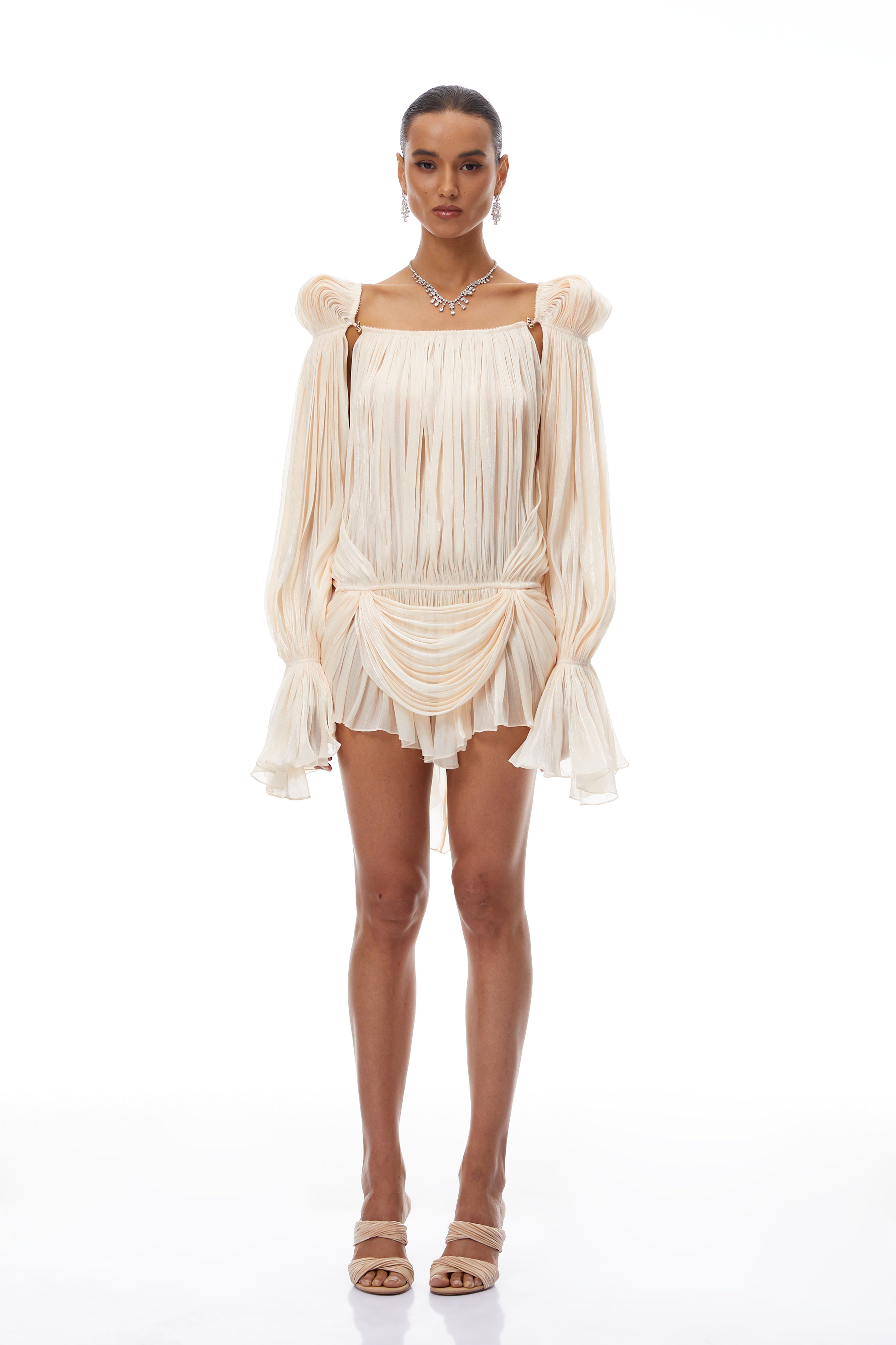 Halvard Neutrals Pleated Ruffled Mini Dress