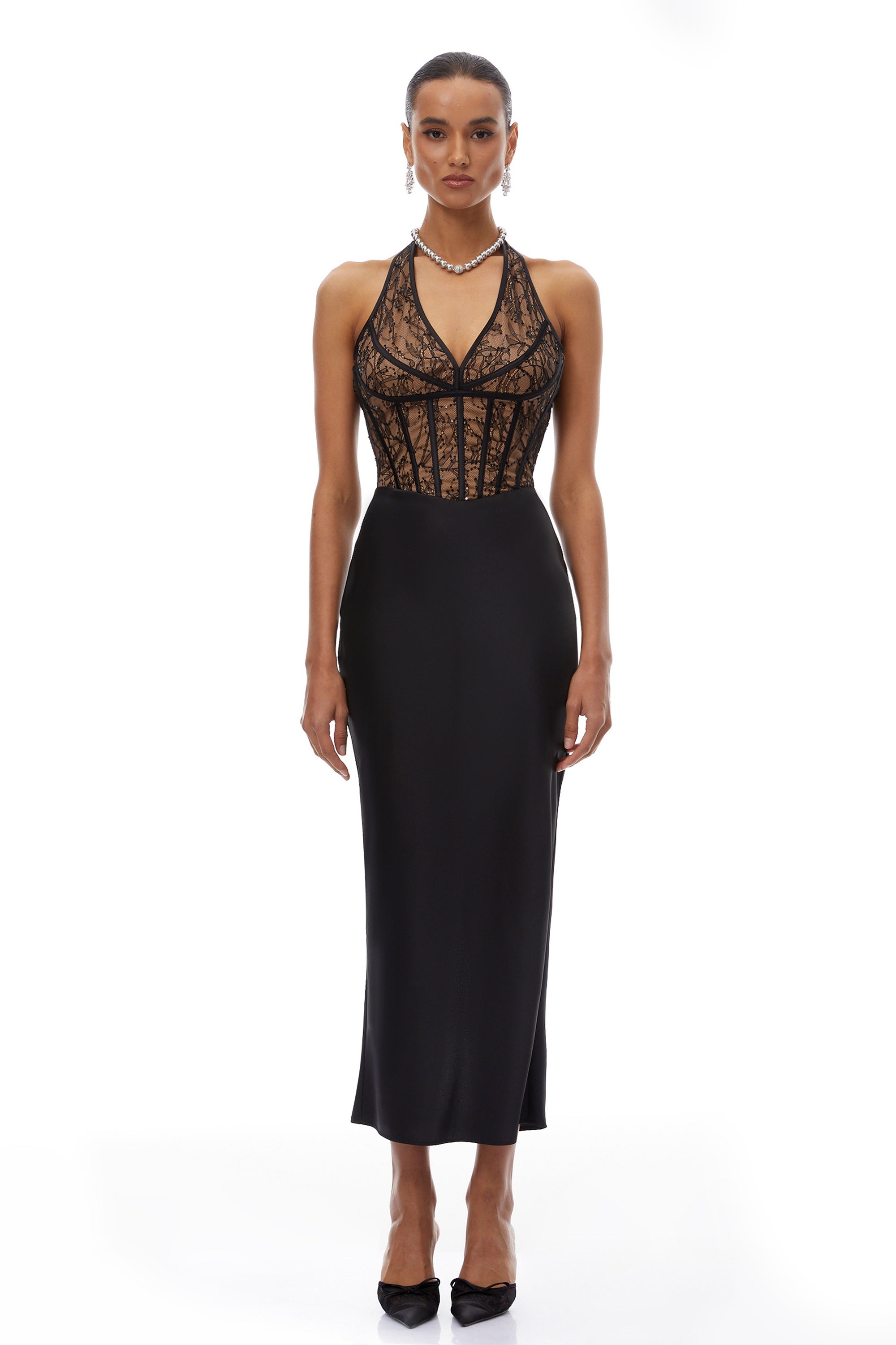 Lucie Black Lace Panel Satin Midi Dress