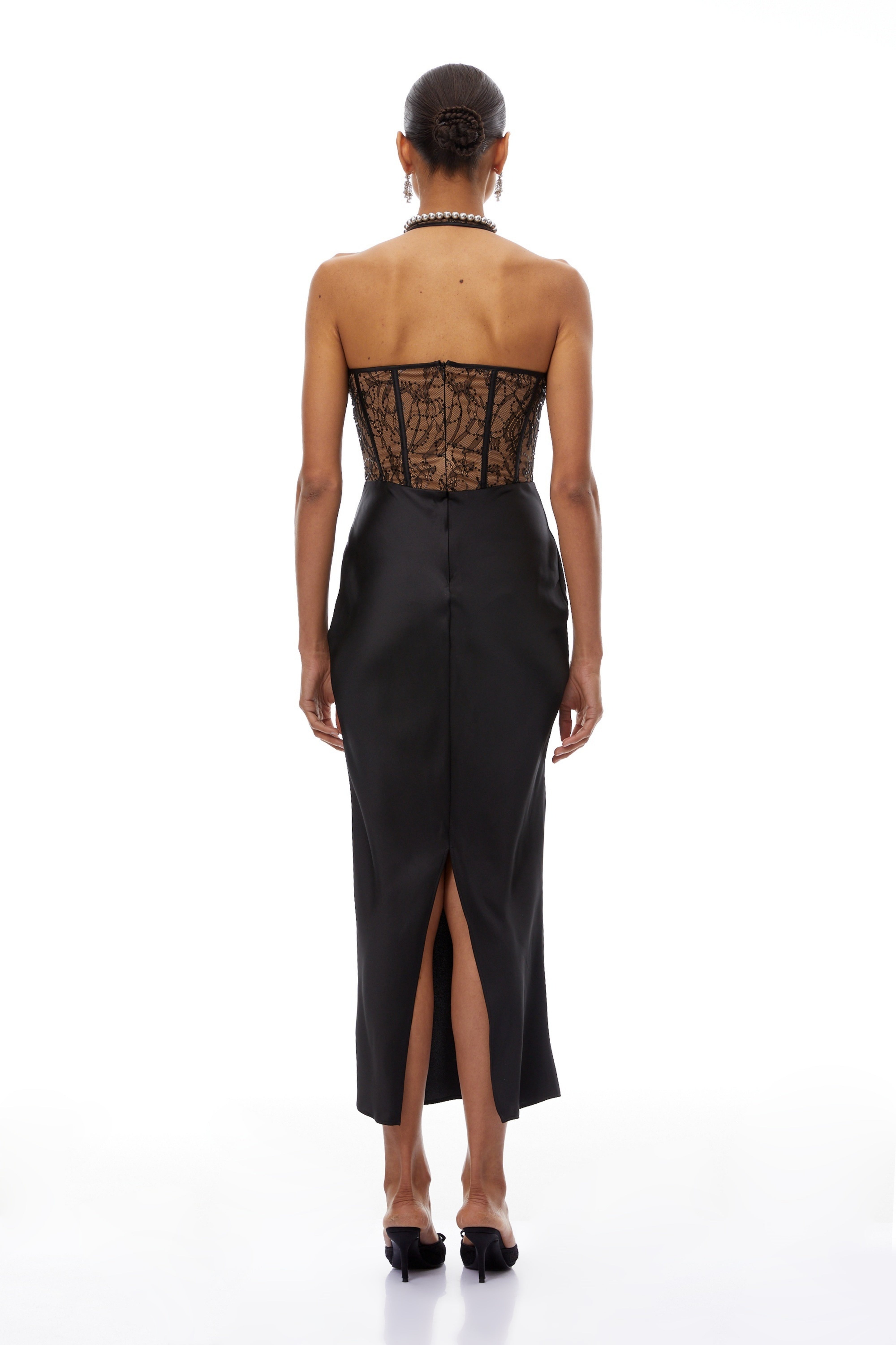 Lucie Black Lace Panel Satin Midi Dress