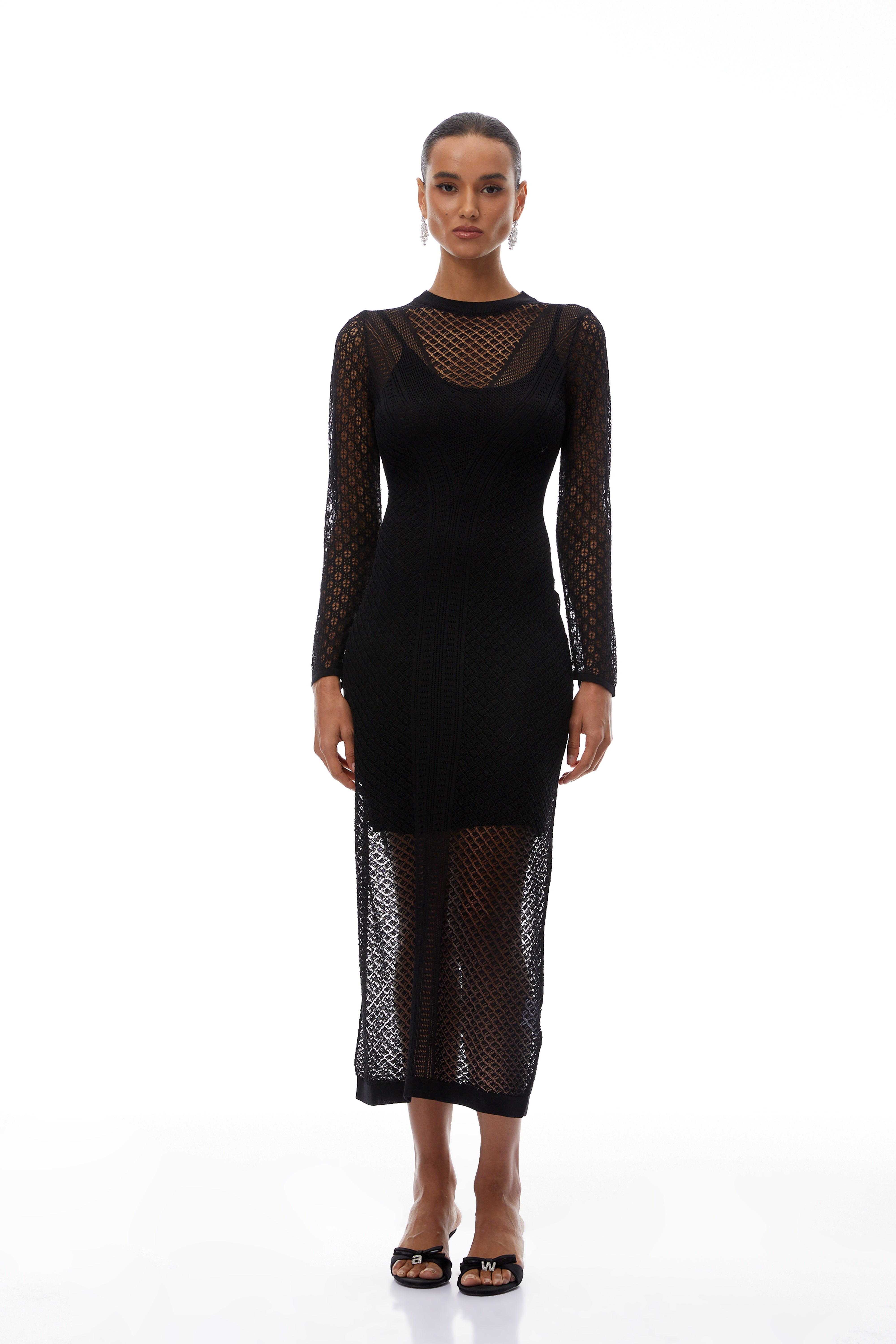 Clover Black Cut-out Design Crochet Knit Midi Dress