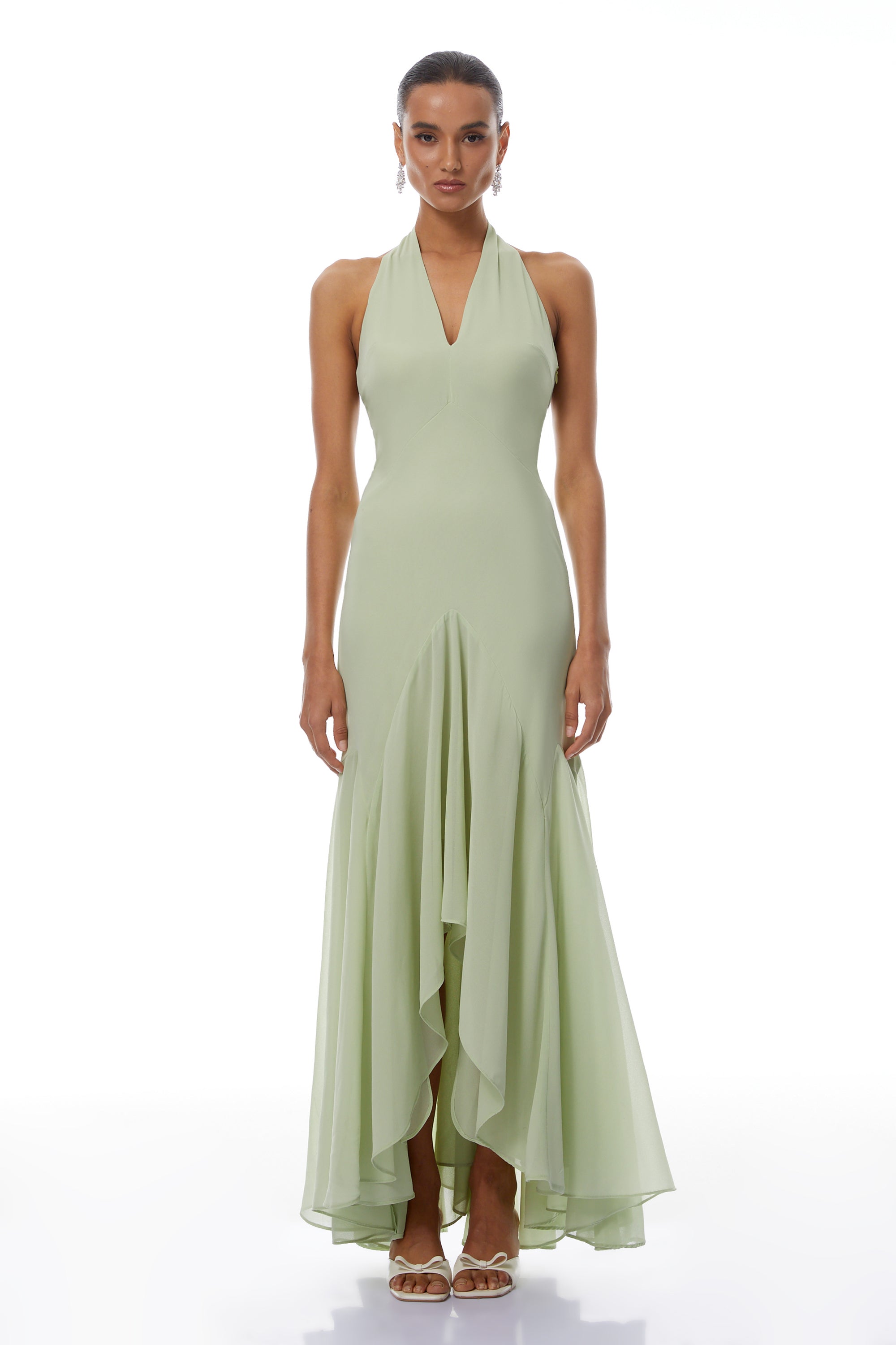 Mónika Green Halterneck Asymmetrical Maxi Dress