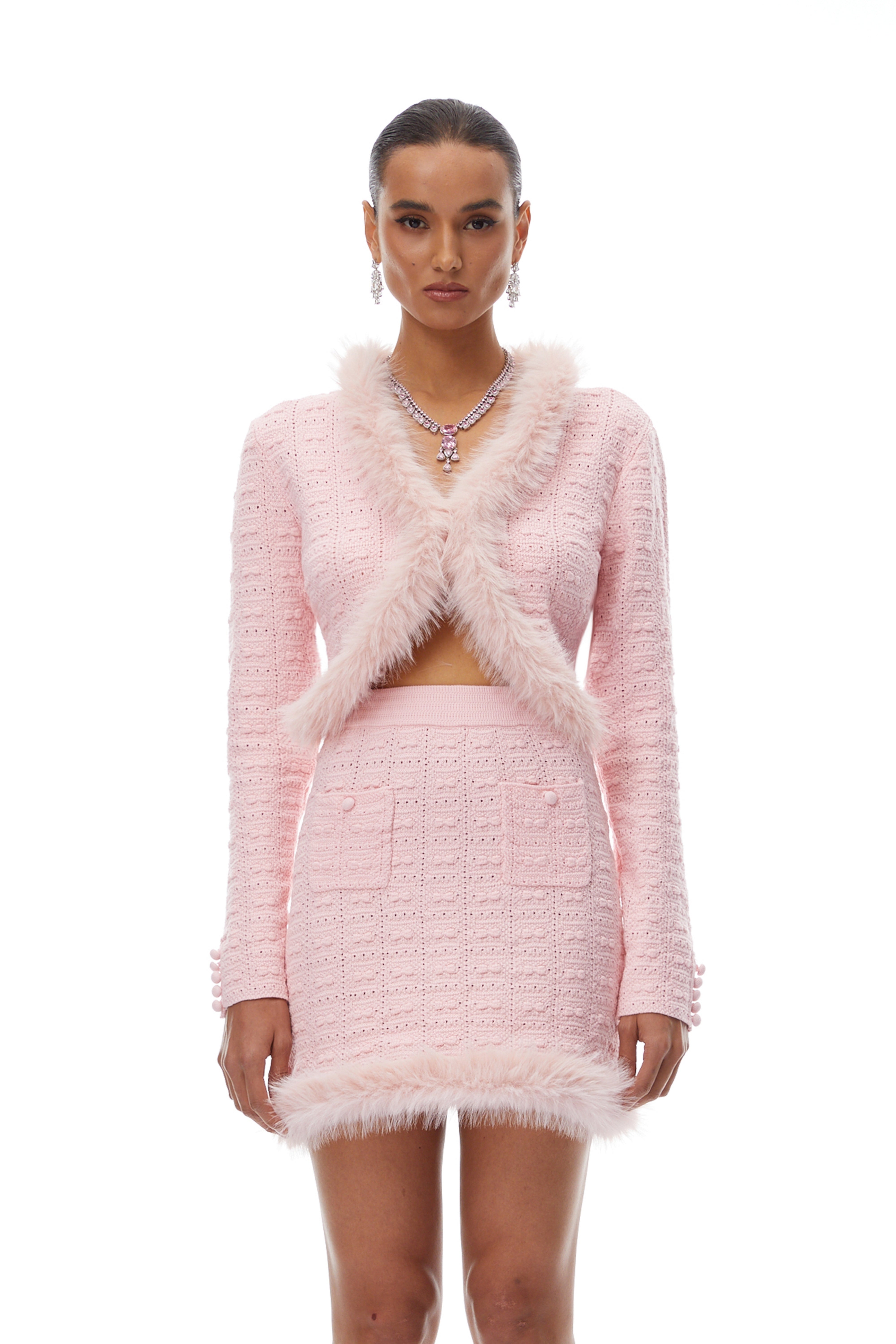 Alma Pink Fur Trim Knit Cardigan & Skirt Set