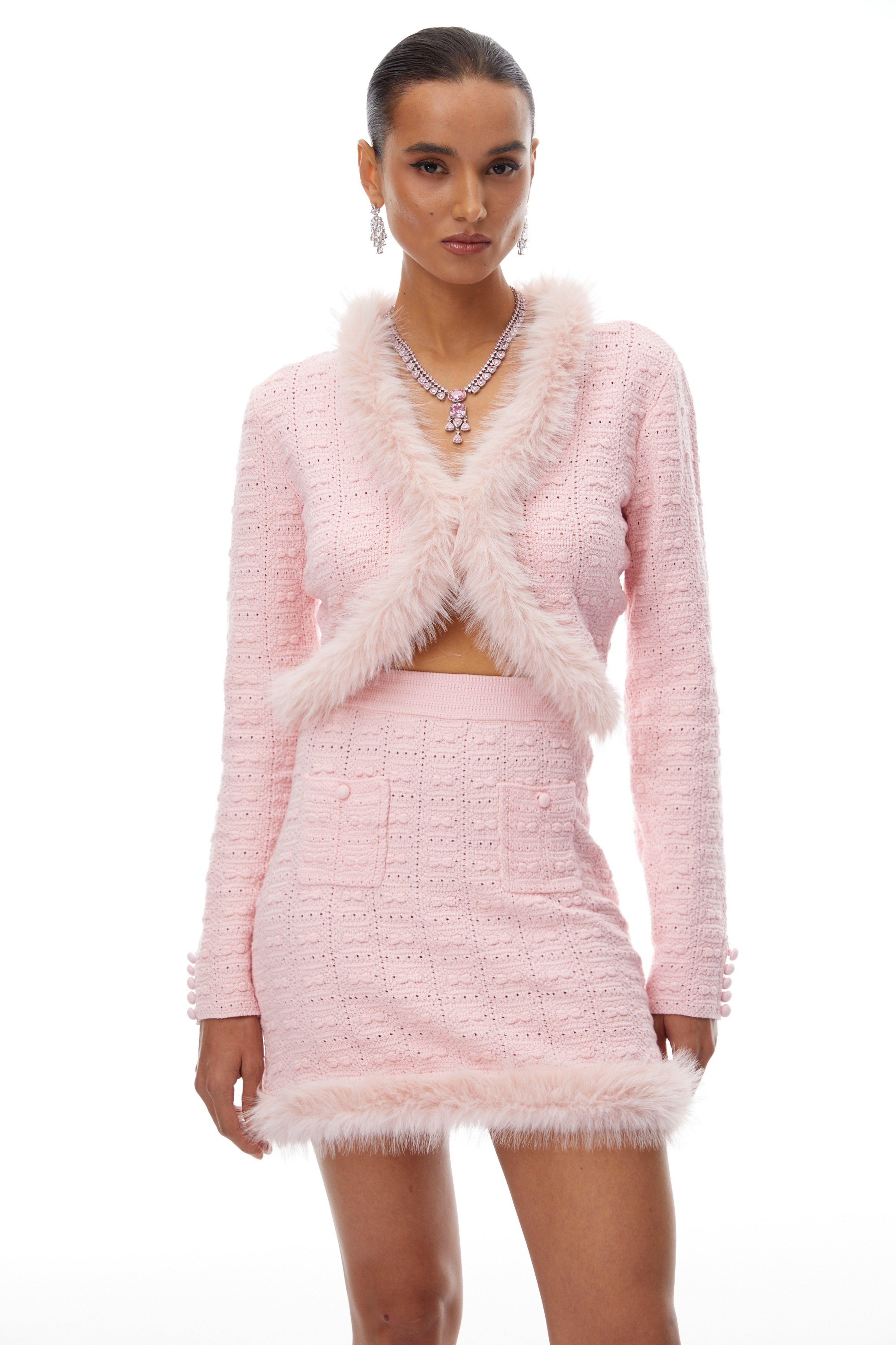 Ribbon bust fluffy tops ルミニョン ニット ピンク Barbie pink faux fur bolero – Tulip Bridal