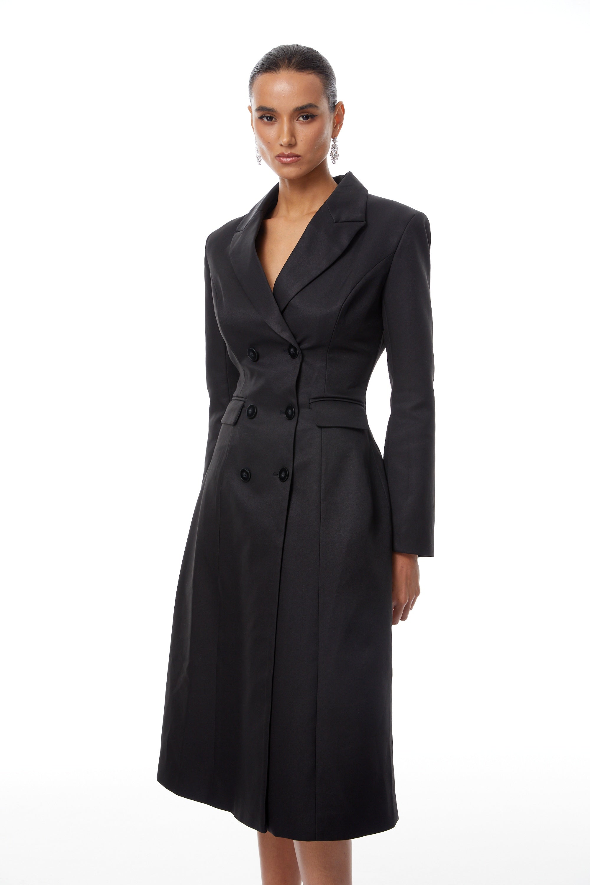 Ortensia Black Double-Breasted Coat Inspired Midi Dress