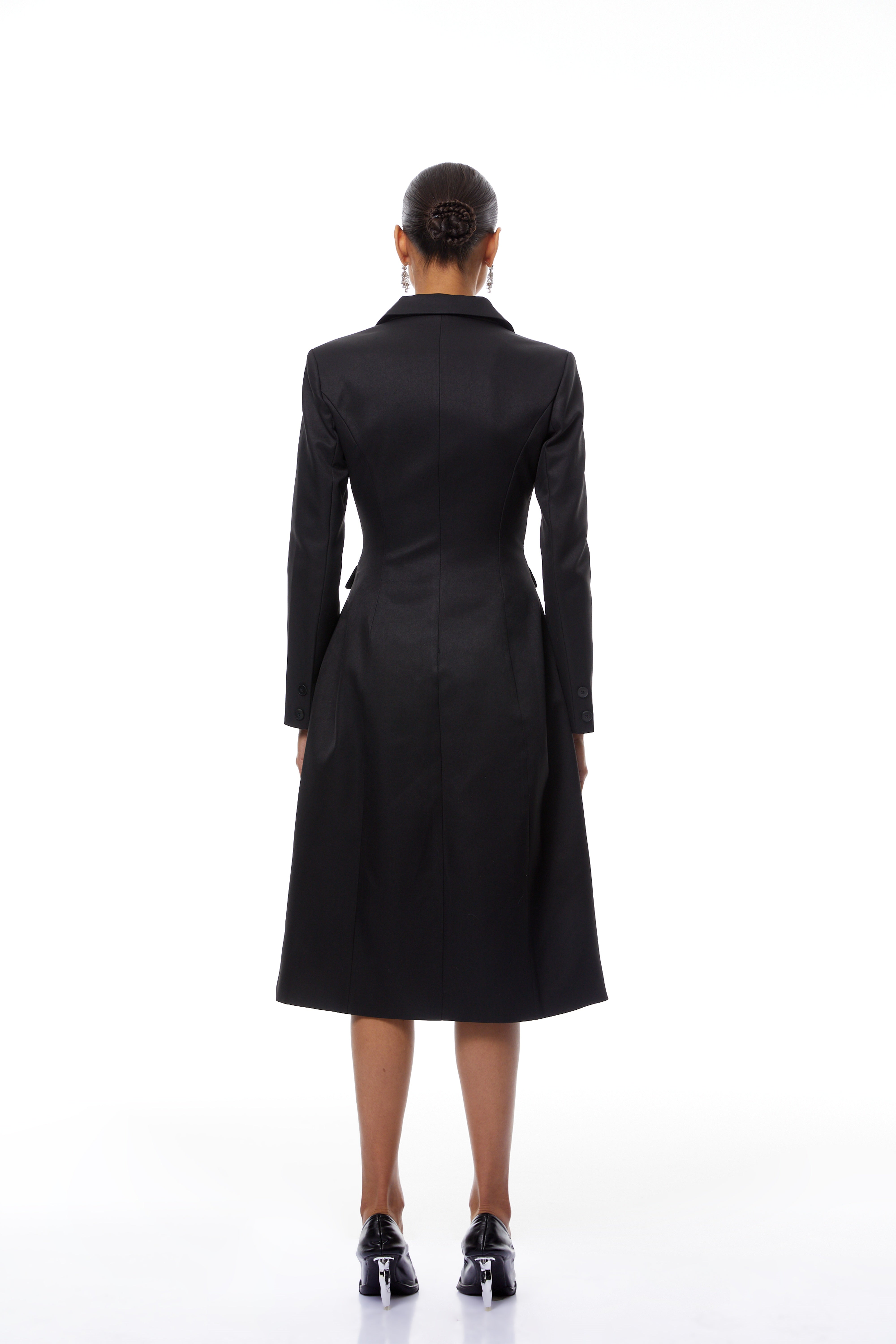Ortensia Black Double-Breasted Coat Inspired Midi Dress