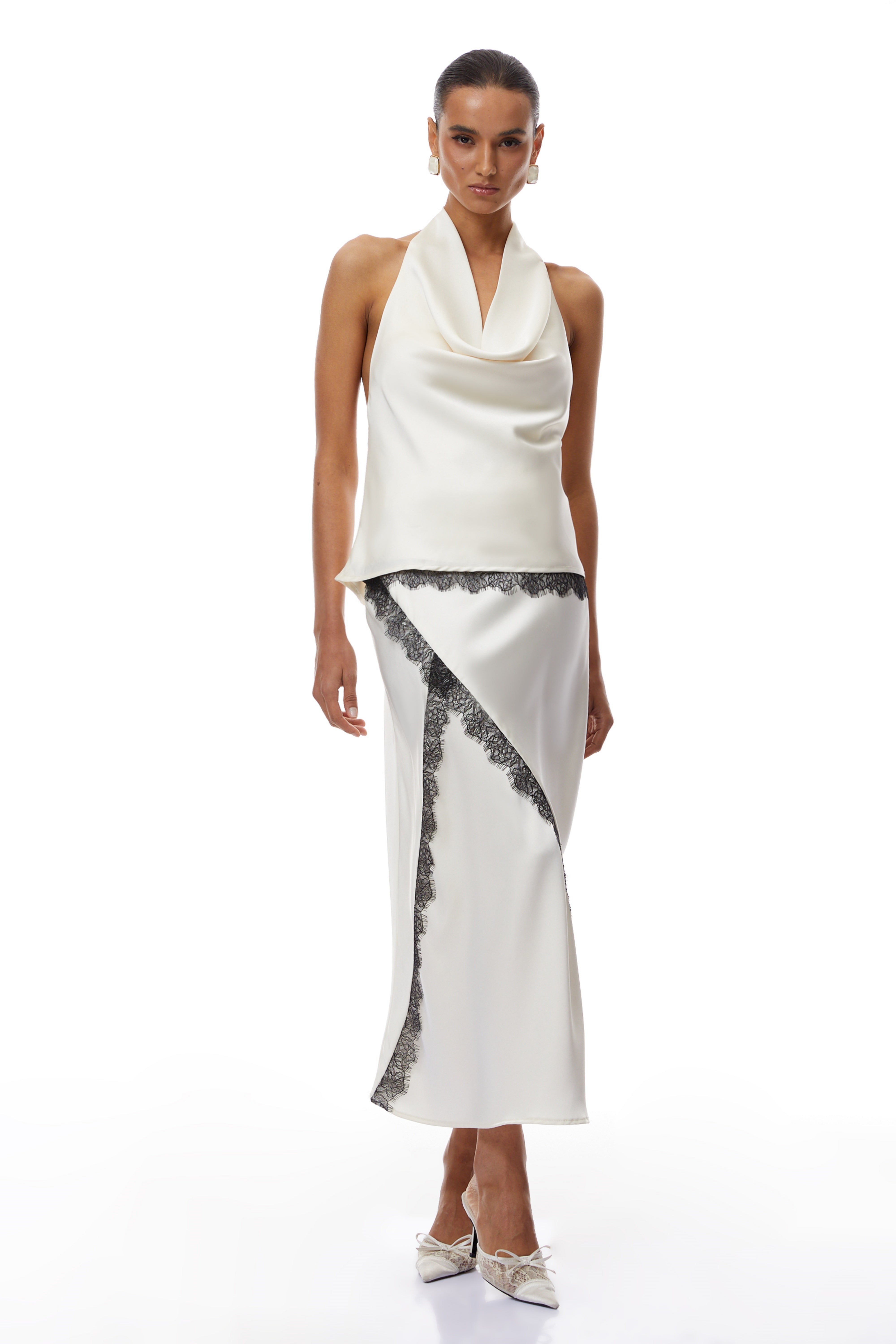 Frida White Satin Co-ord Set with Lace Trim