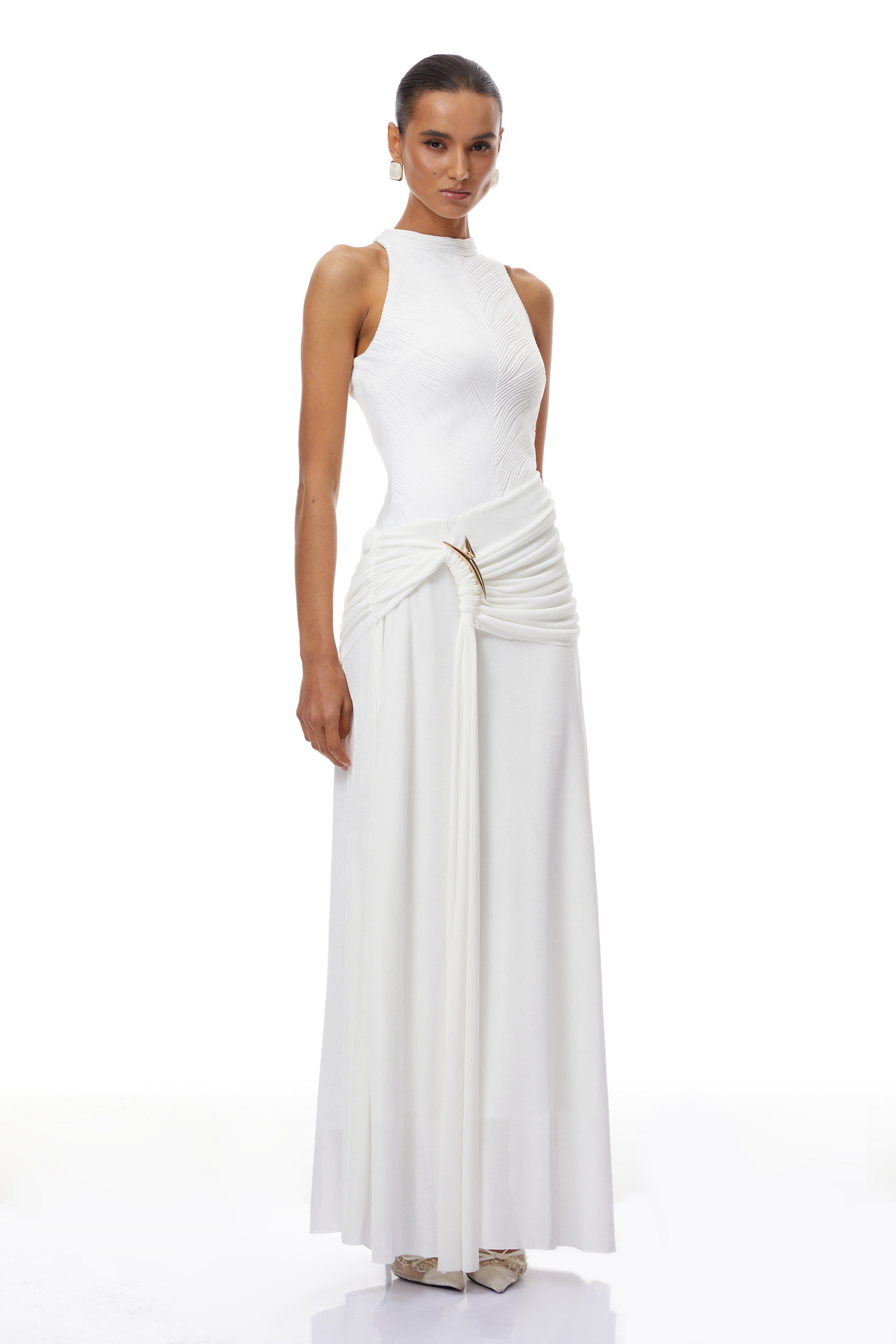 Klara White Ruched Ribbon Textured Maxi Dress