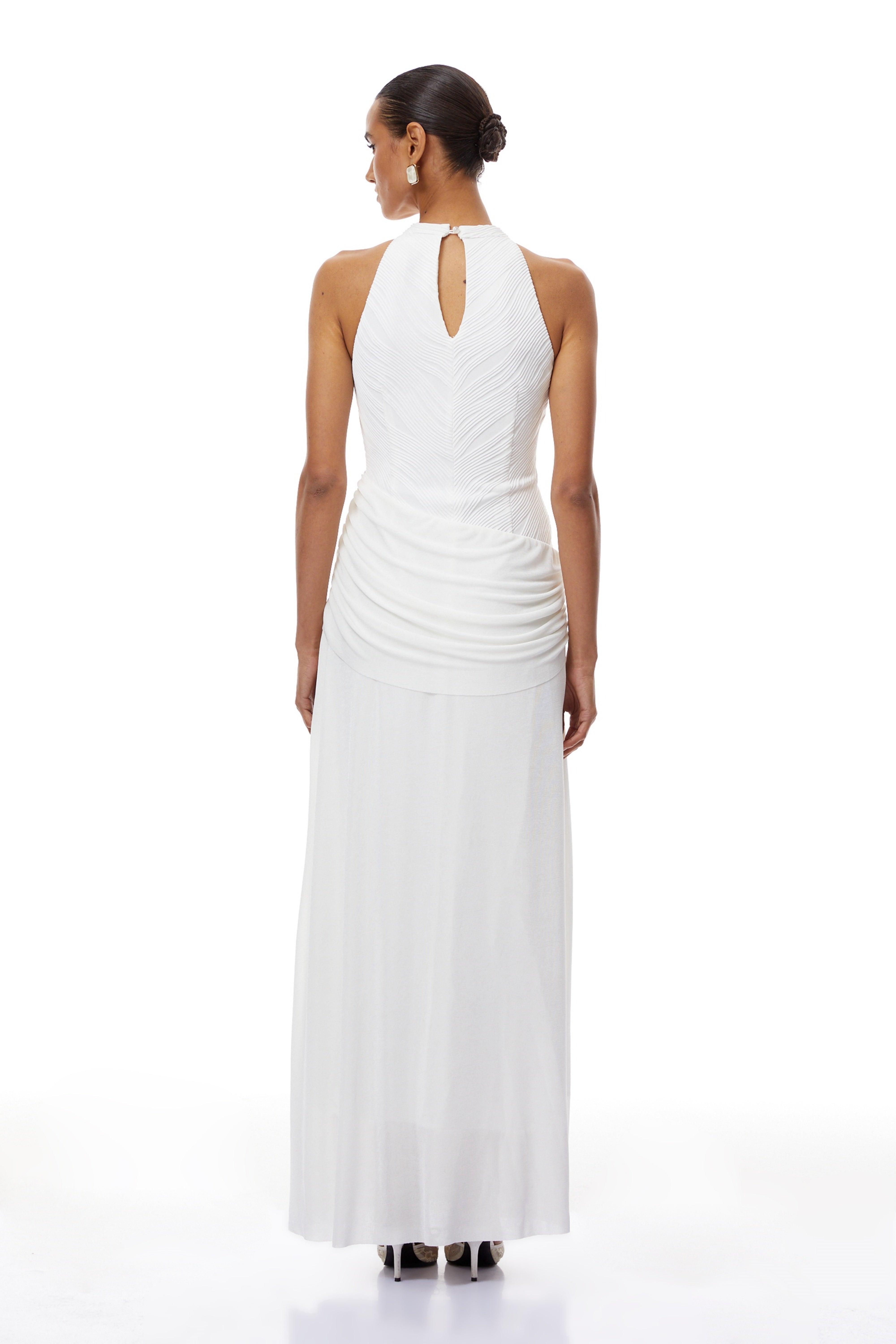 Klara White Ruched Ribbon Textured Maxi Dress