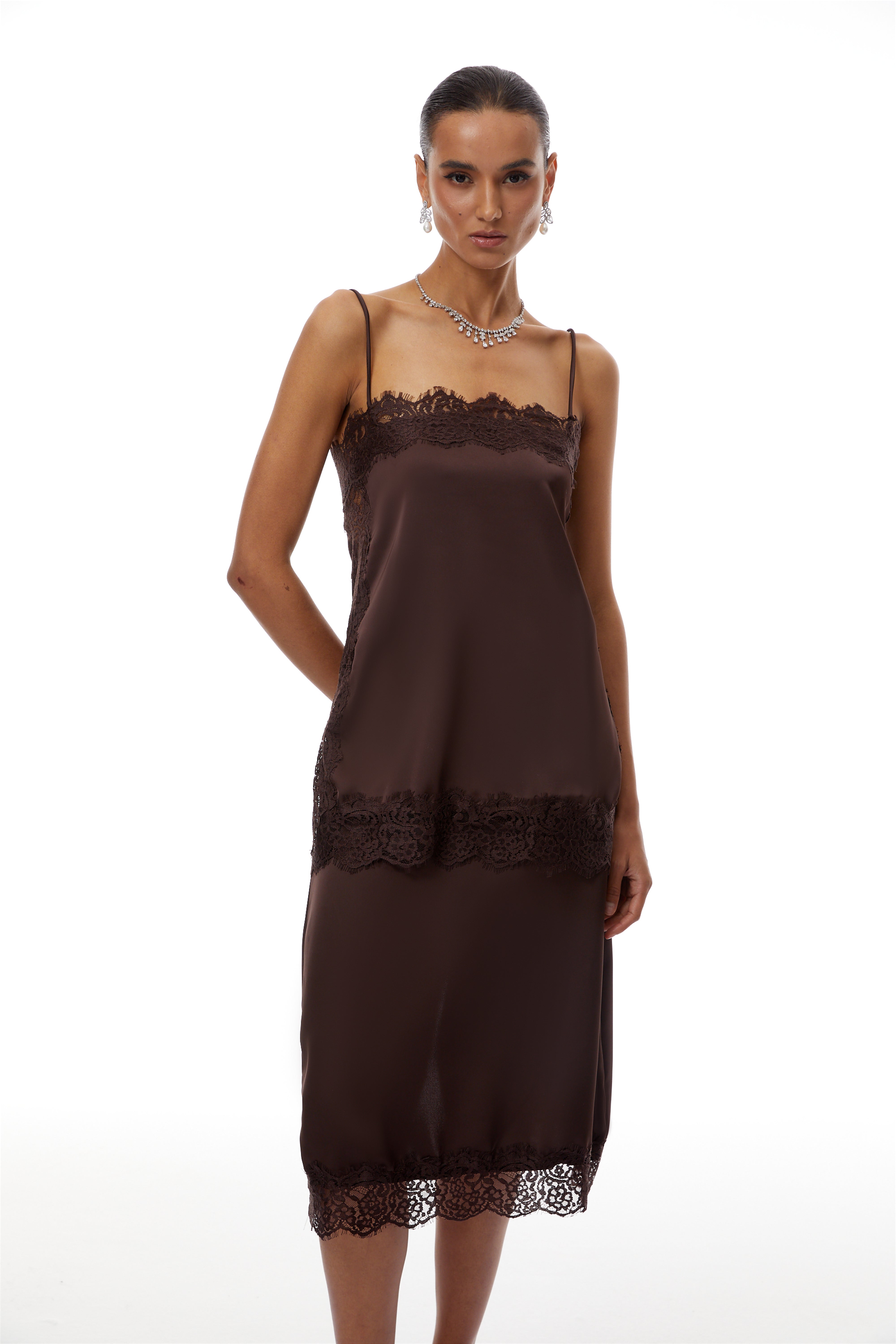 Ingrid Brown Lace Trim Satin Top & Skirt Set
