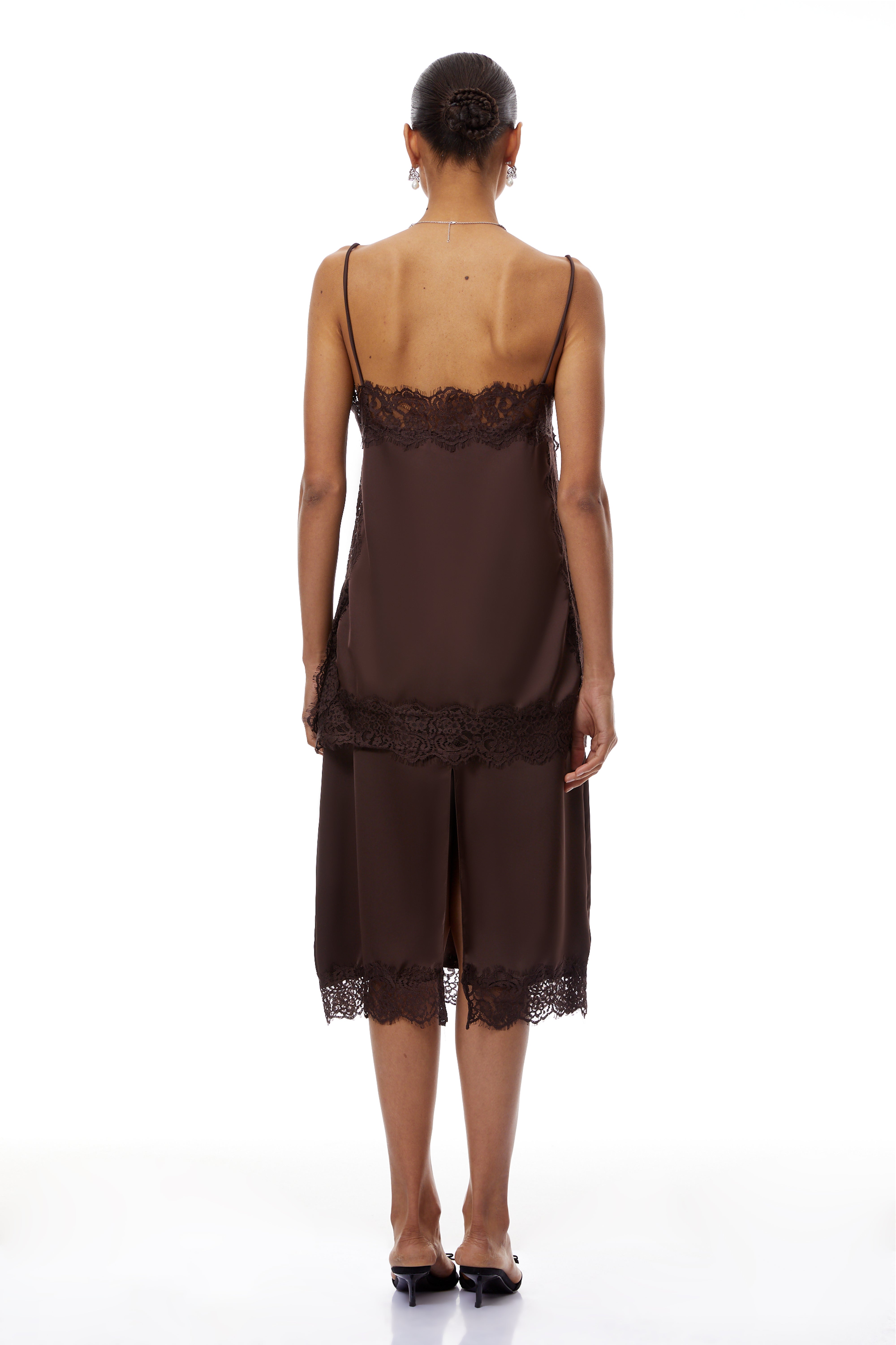 Ingrid Brown Lace Trim Satin Top & Skirt Set