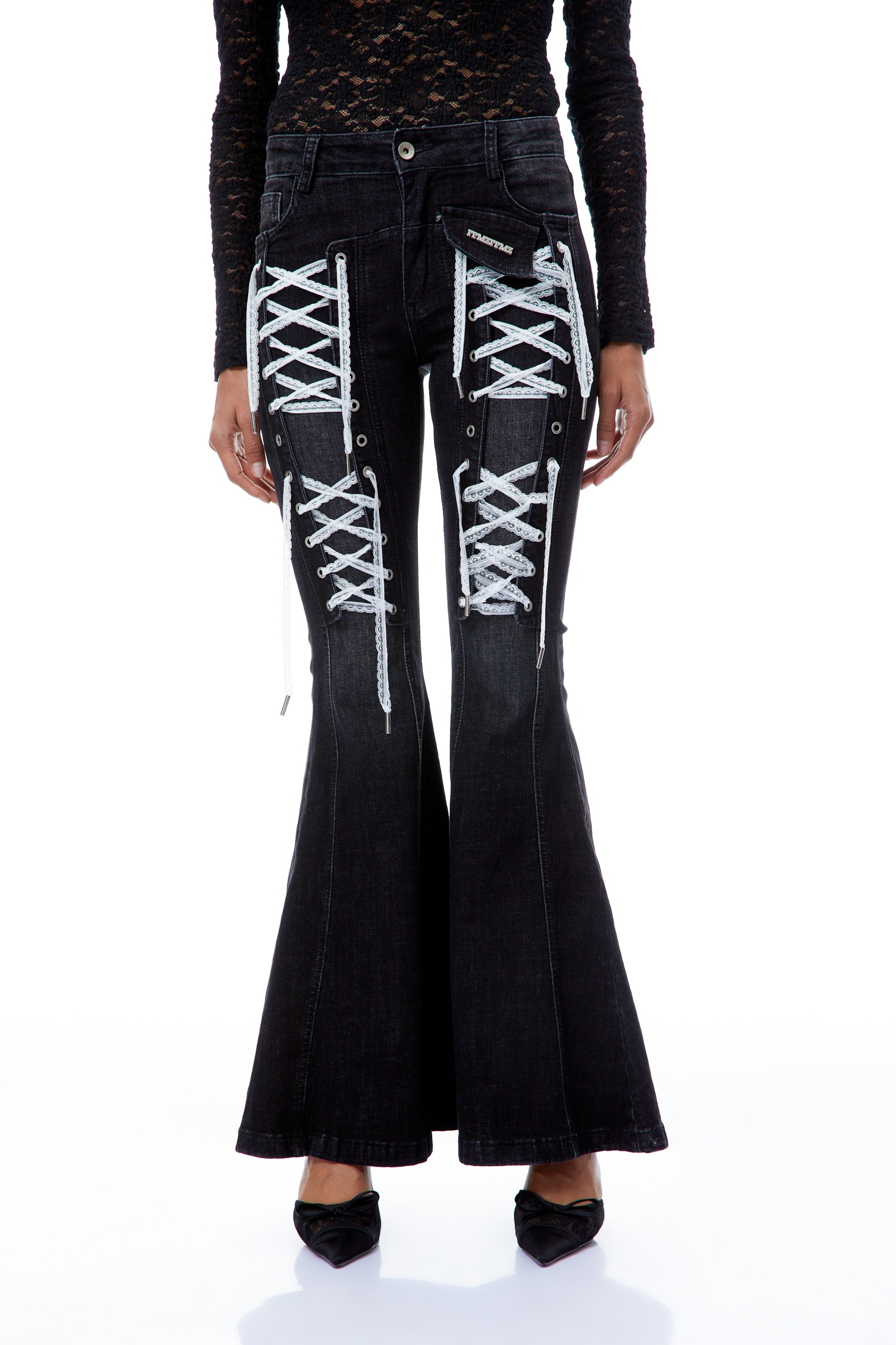 Fina Black Lace-up Detail Flared Jeans