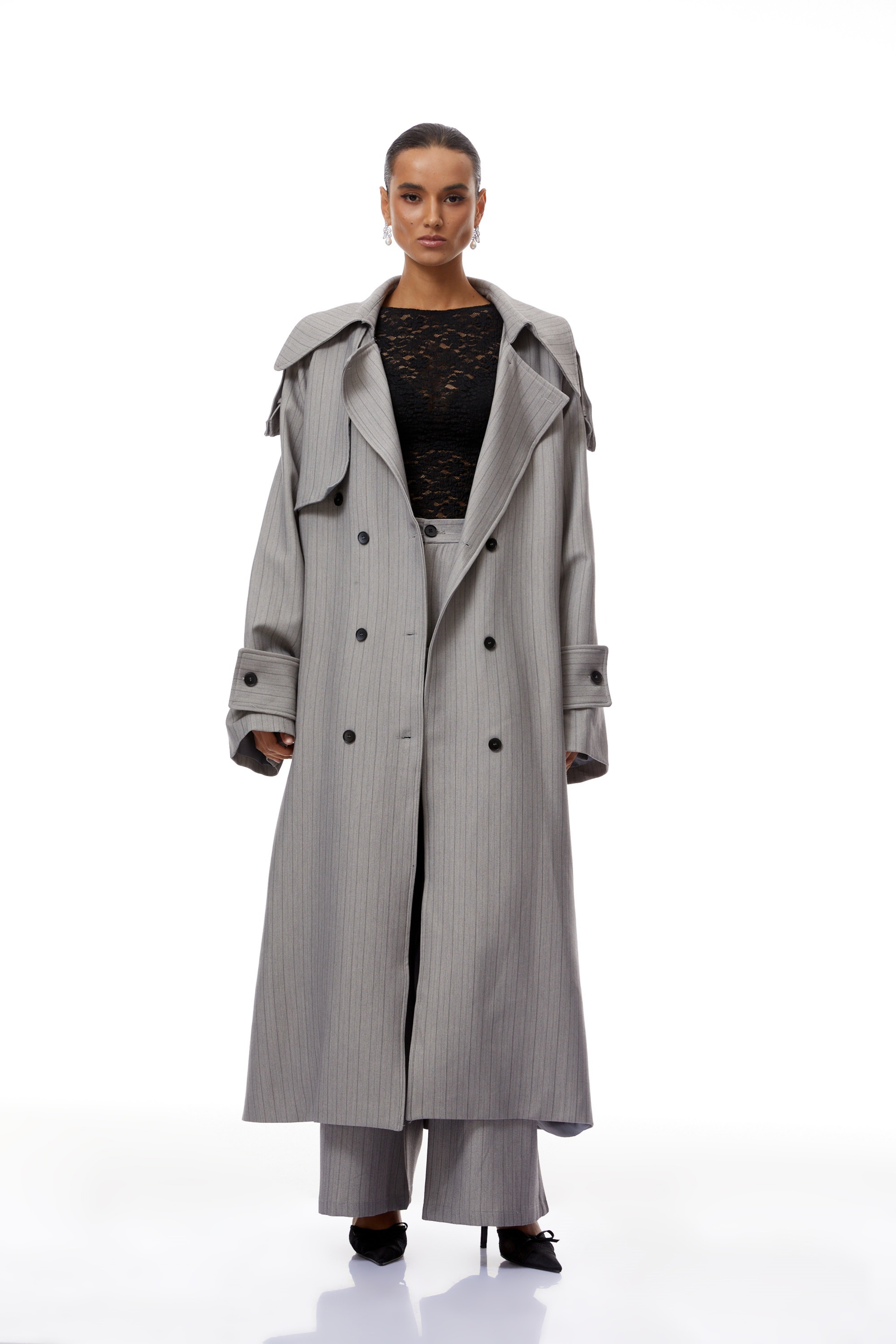 Clémence Grey Striped Trench Coat & Trousers Set