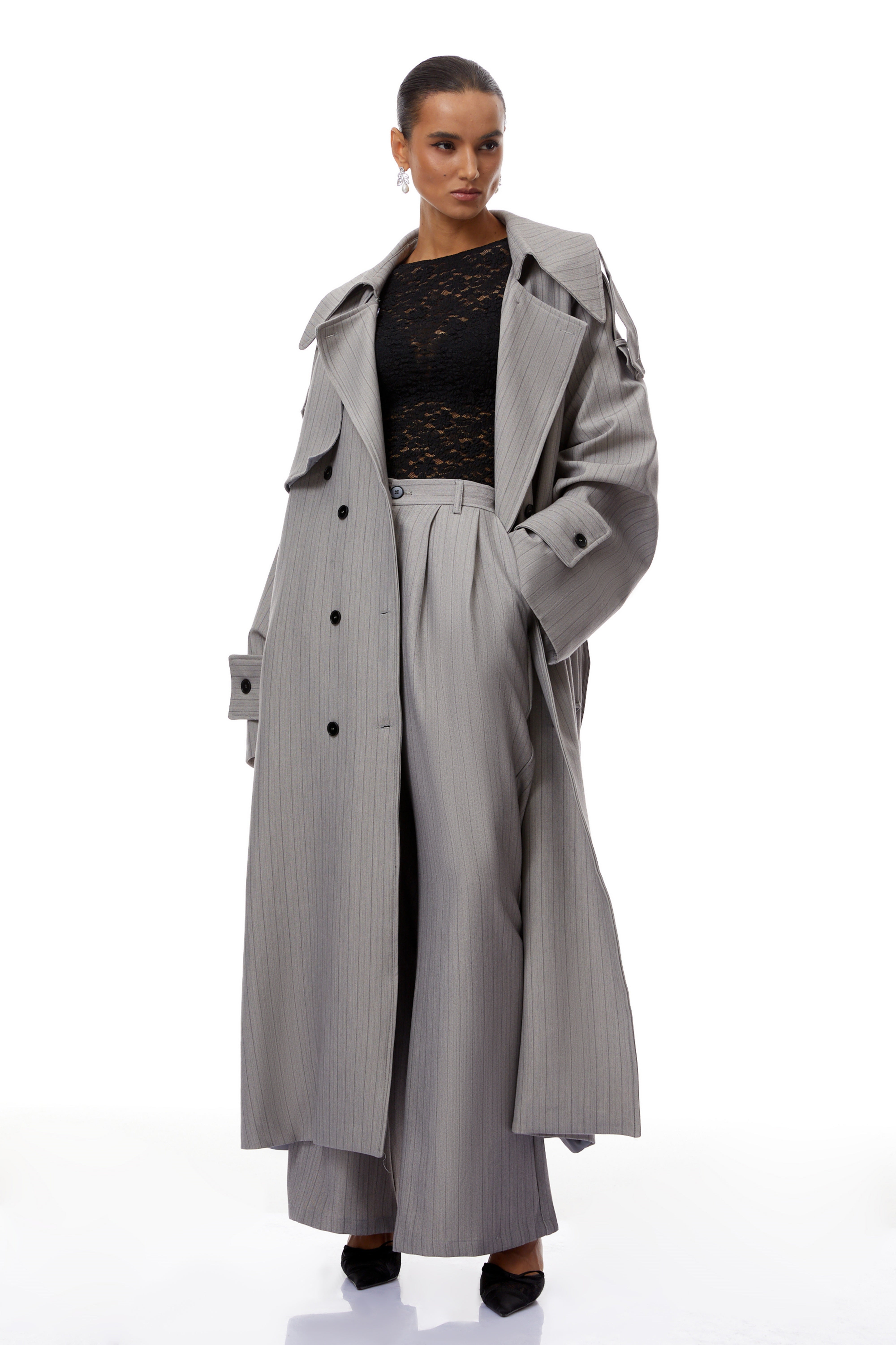 Clémence Grey Striped Trench Coat & Trousers Set