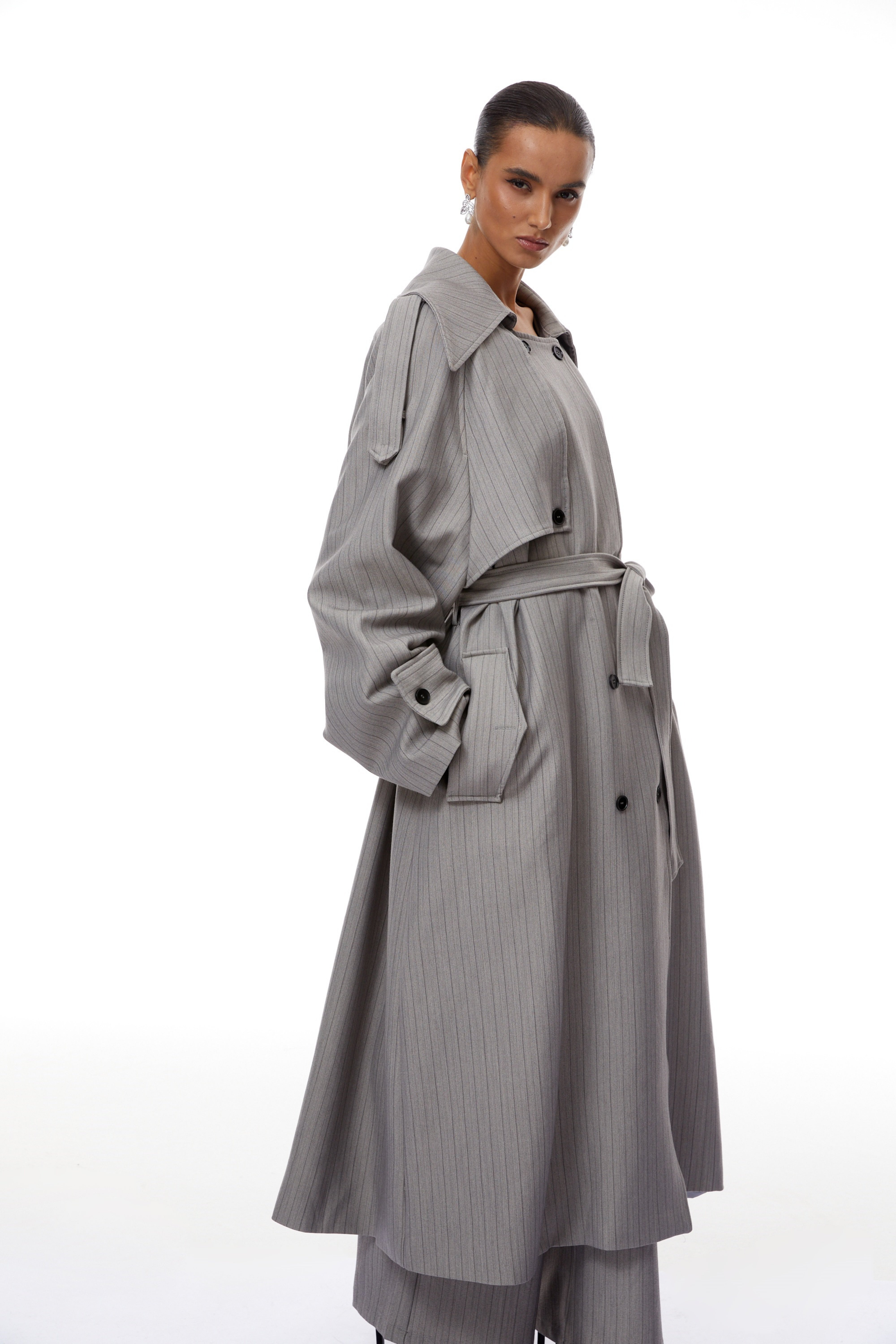 Clémence Grey Striped Trench Coat & Trousers Set