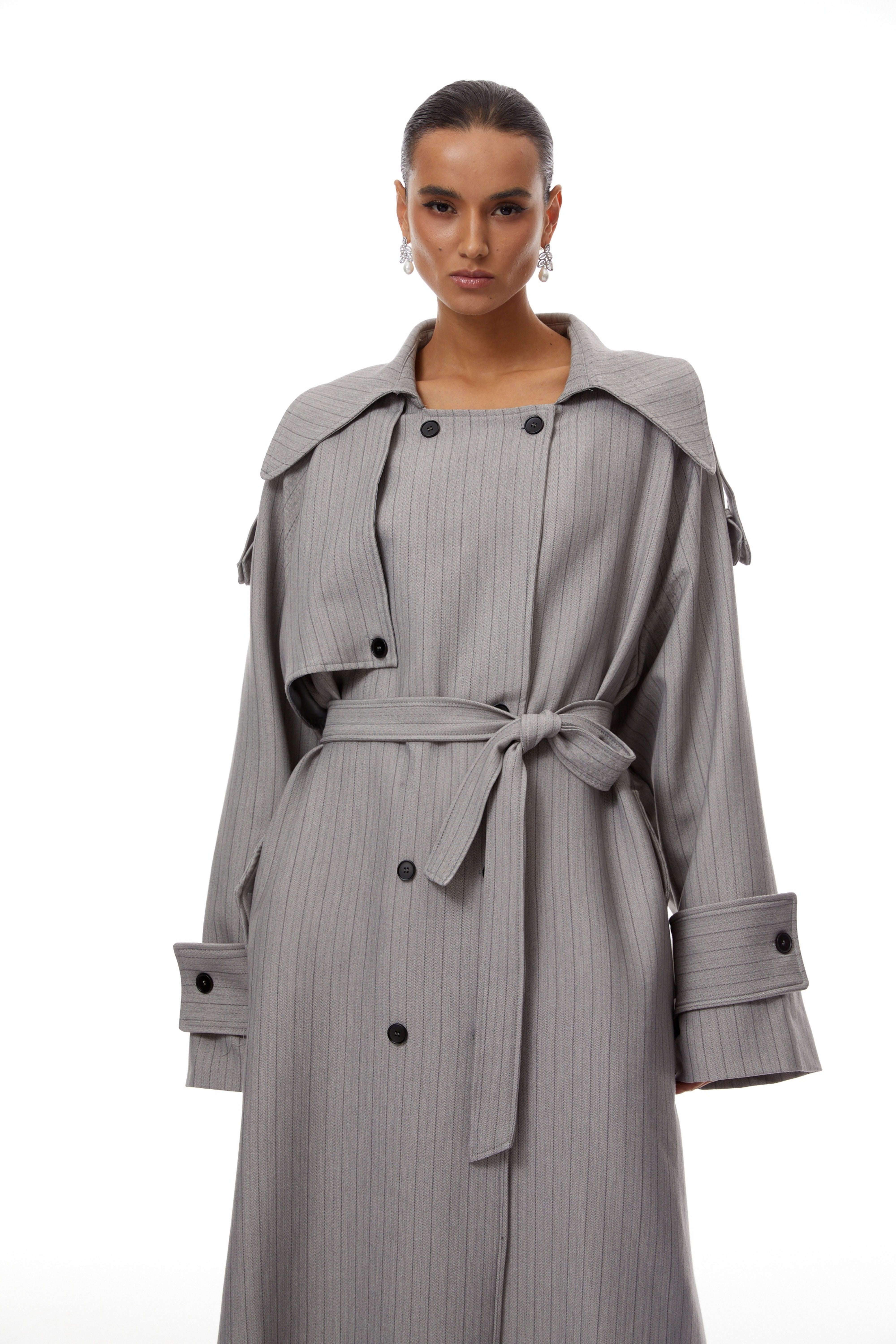 Clémence Grey Striped Trench Coat & Trousers Set