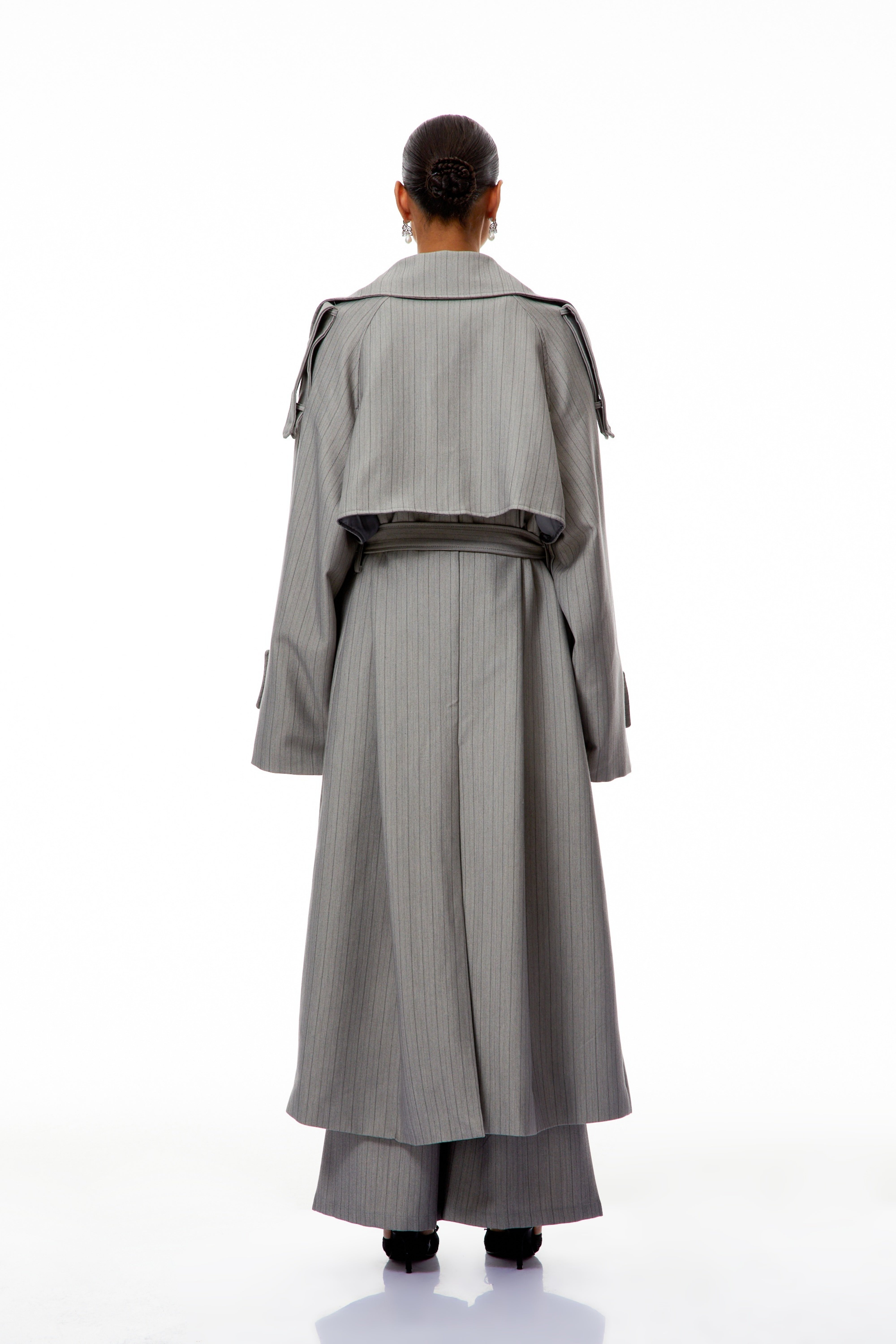 Clémence Grey Striped Trench Coat & Trousers Set