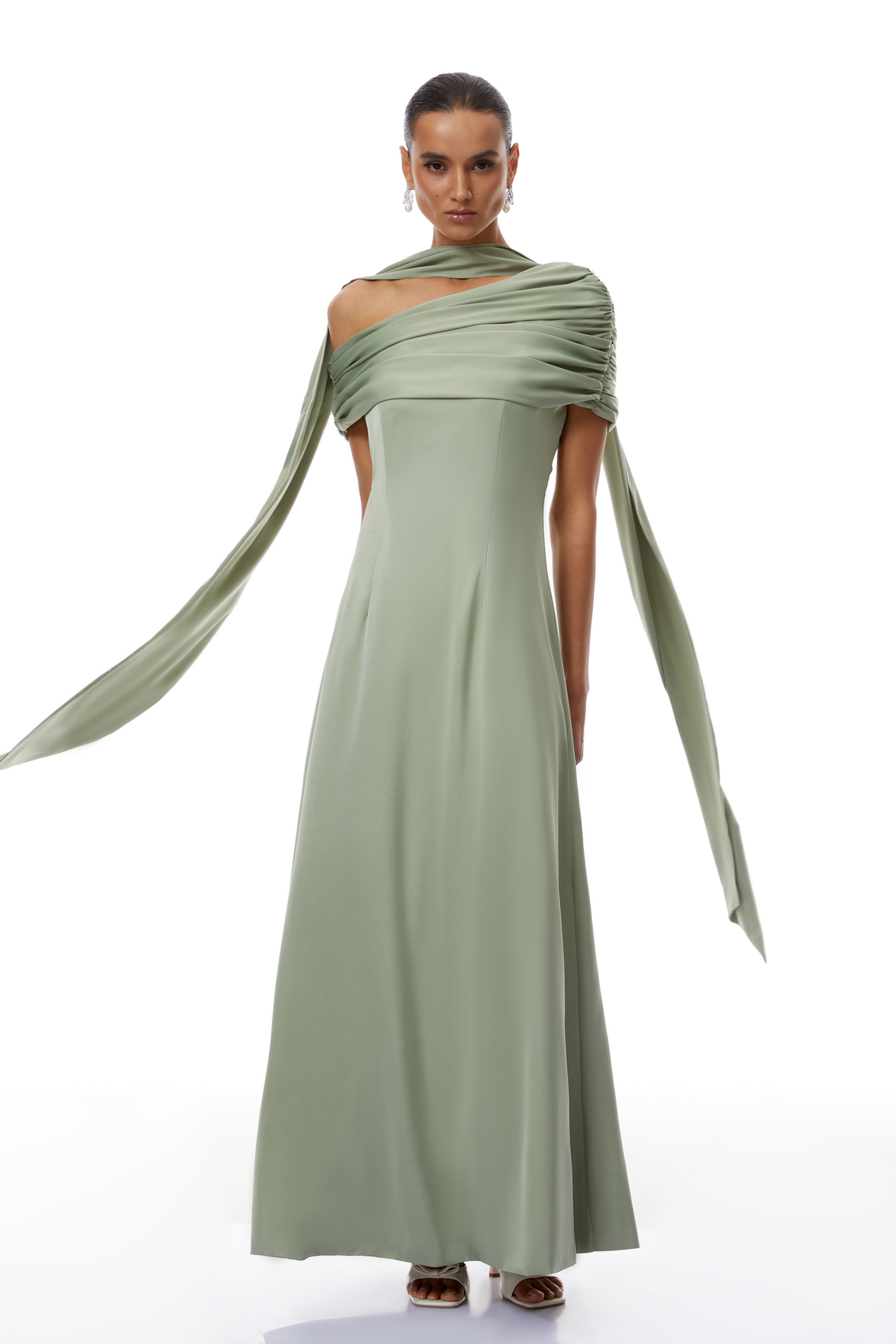 Benedetta Green One Shoulder Satin Maxi Dress