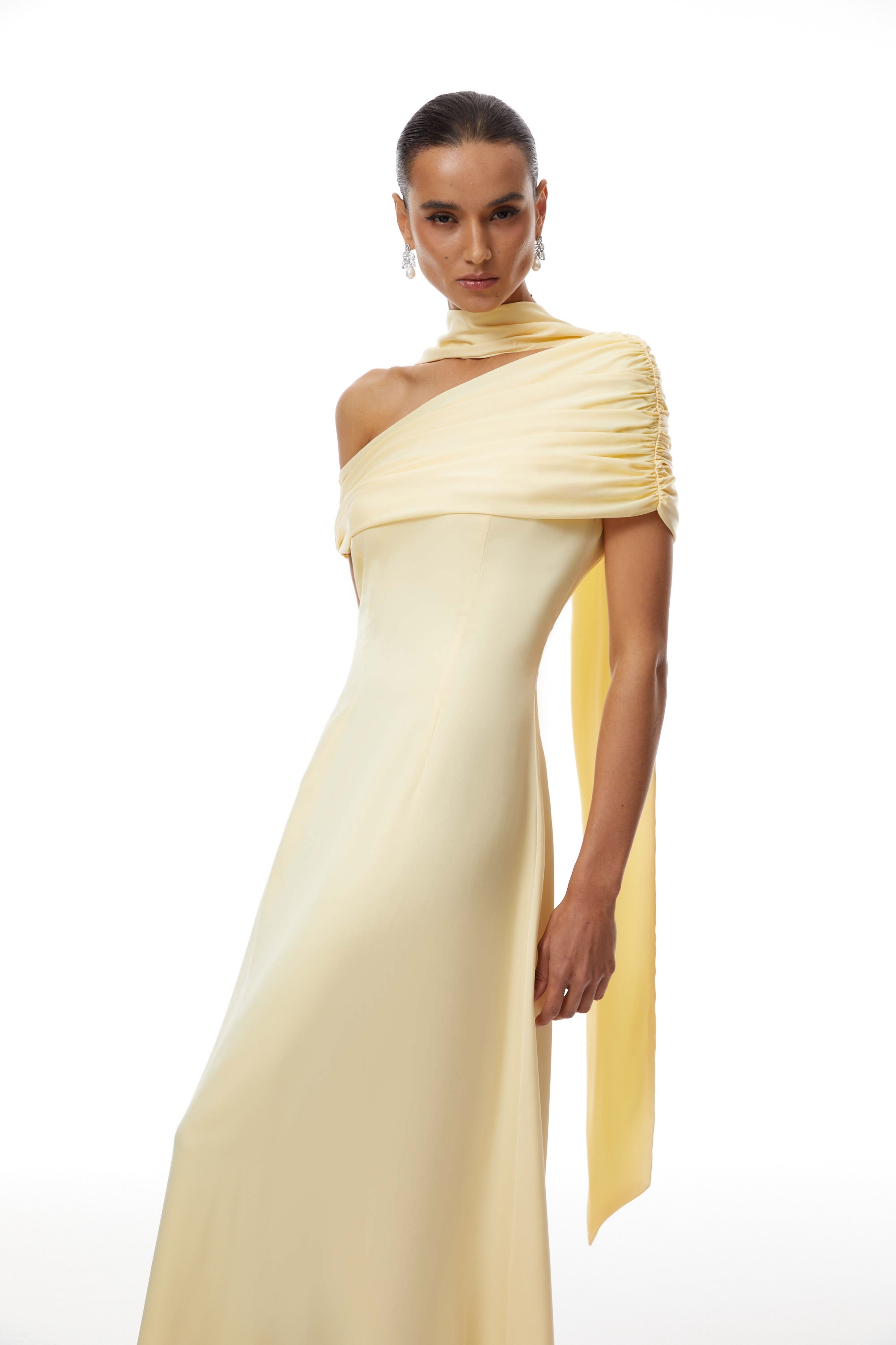 Benedetta Yellow One Shoulder Satin Maxi Dress
