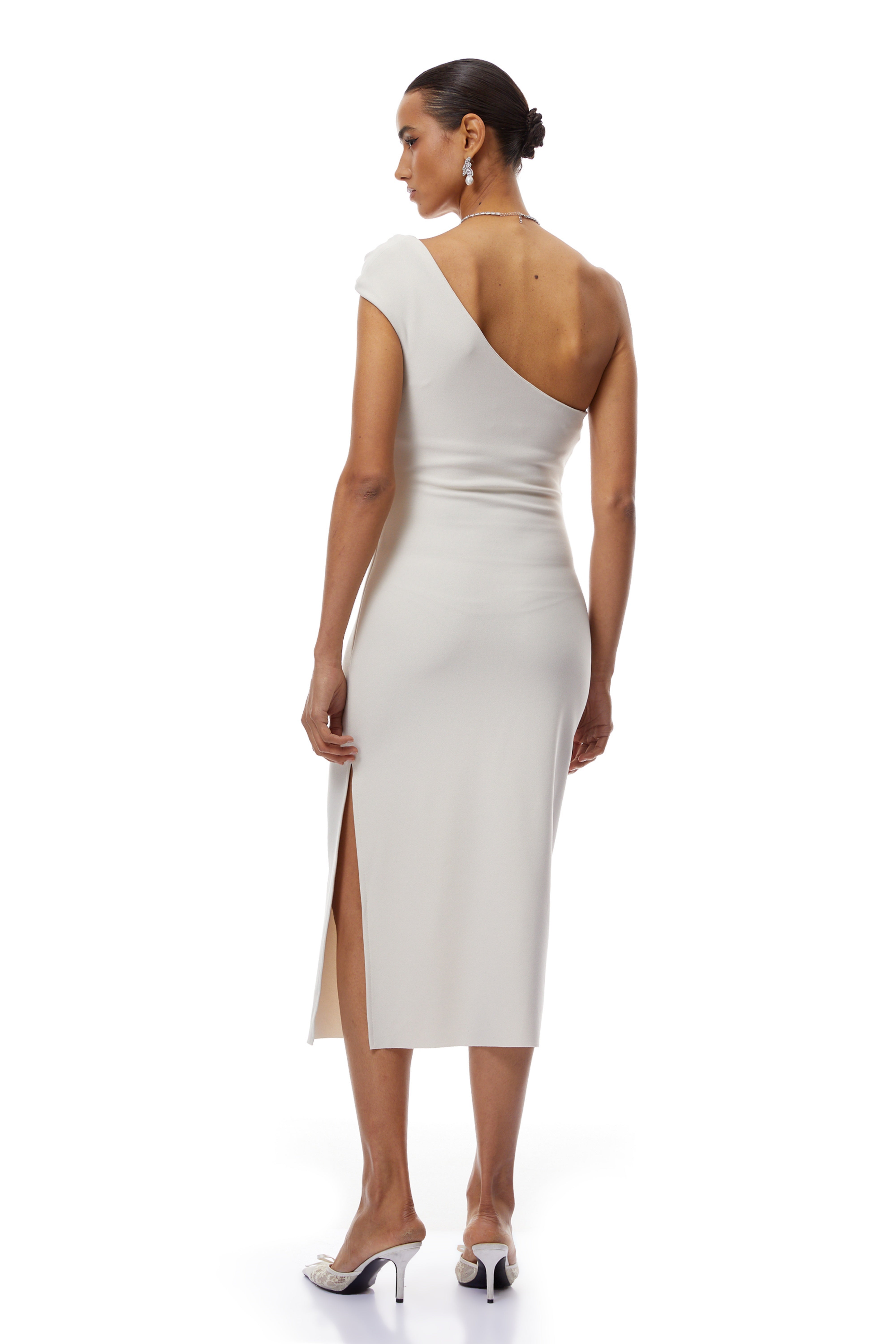 Blanche White One Shoulder Twist Midi Dress