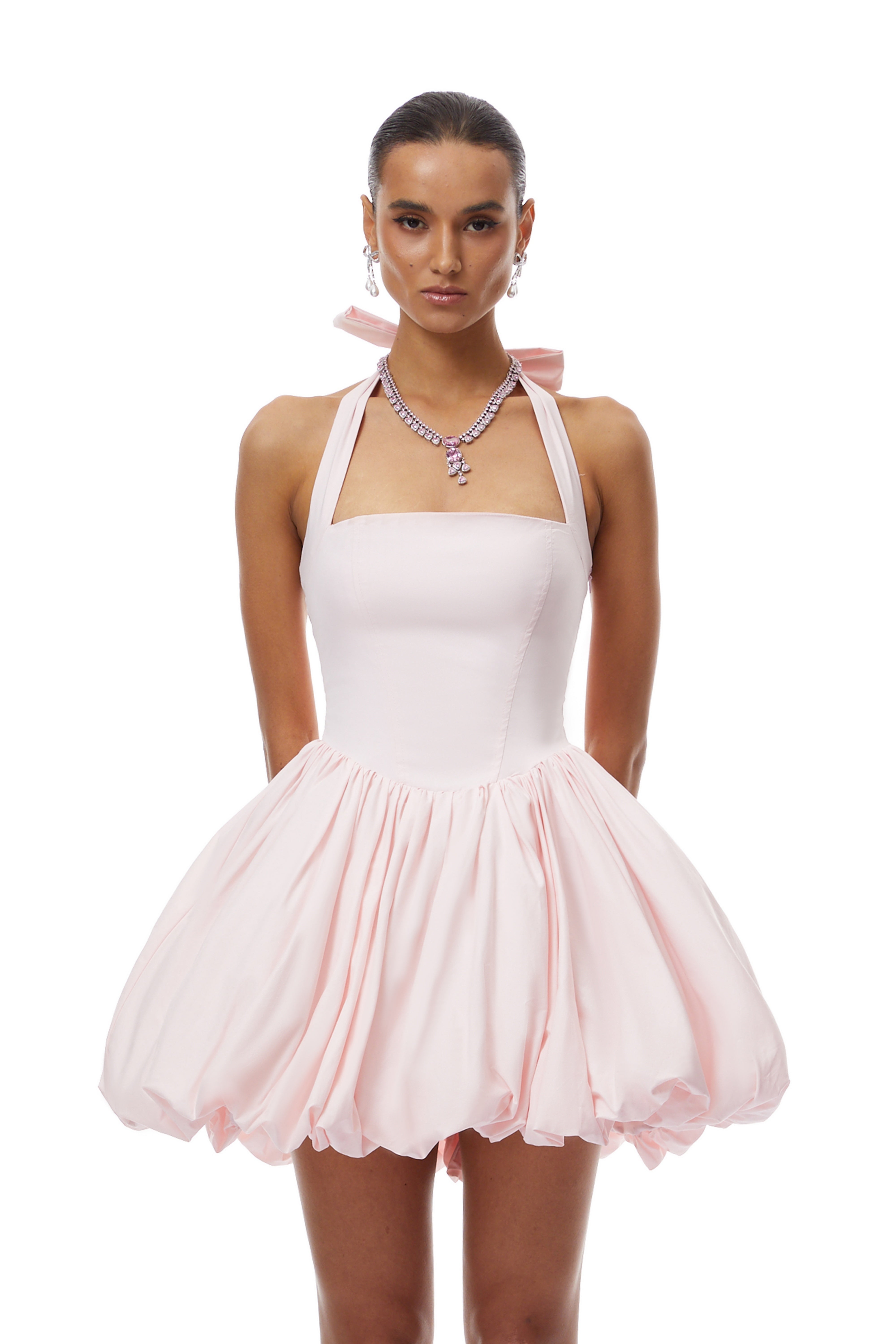 Anaelle Pink Shirred Puffball Mini Dress