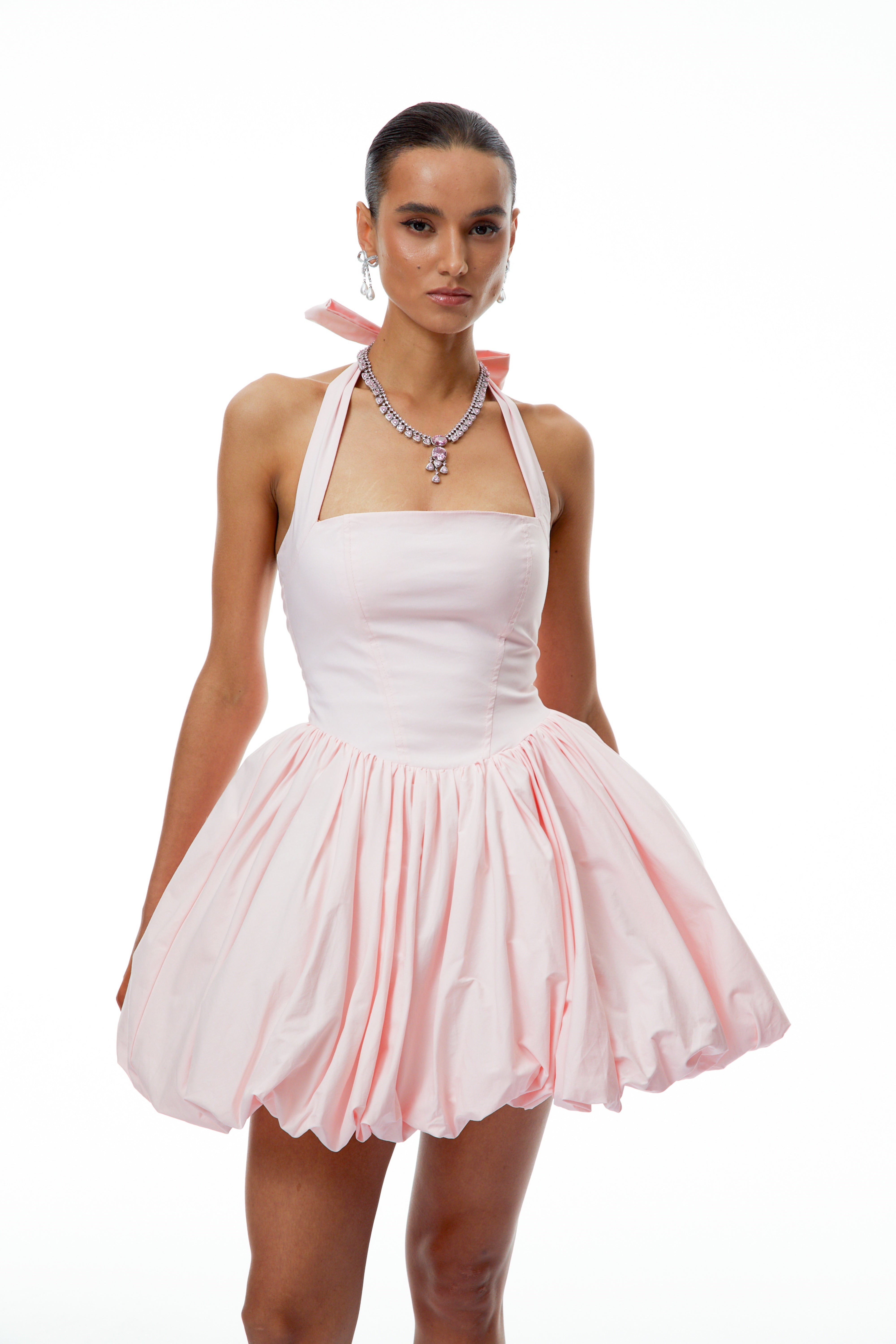 Anaelle Pink Shirred Puffball Mini Dress