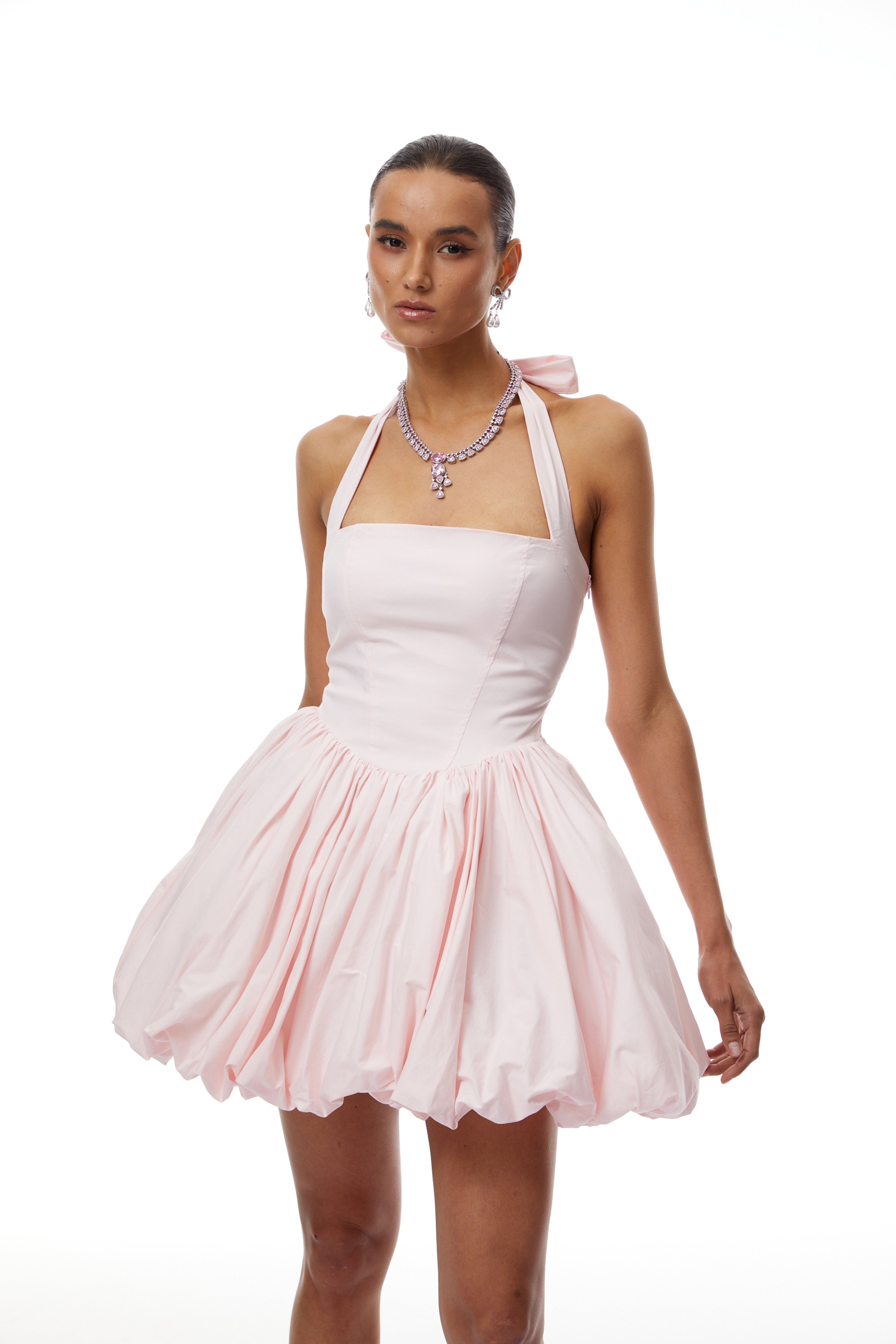 Anaelle Pink Shirred Puffball Mini Dress