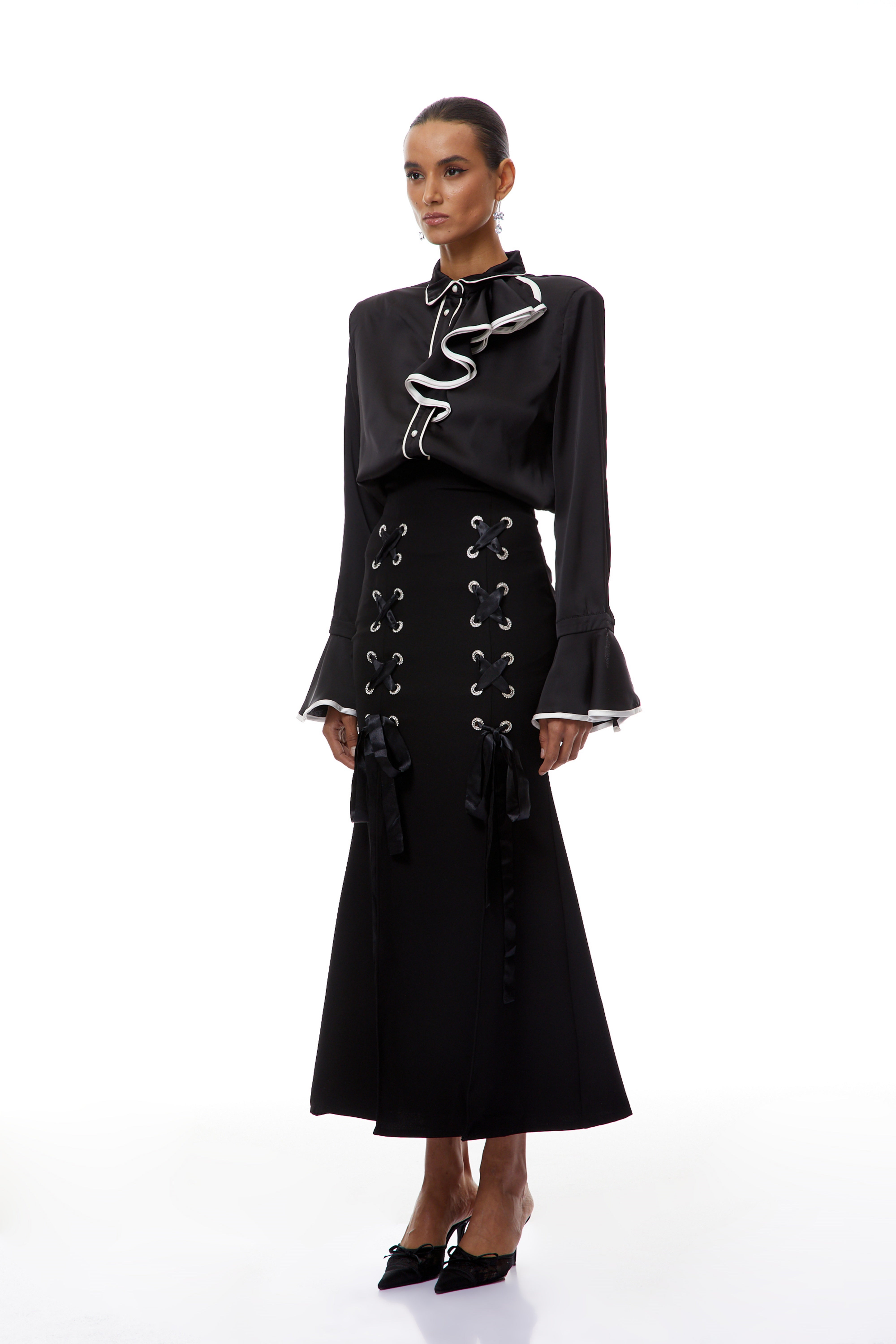 Cornelia Black Ruffled Blouse & Lace Up Skirt Set