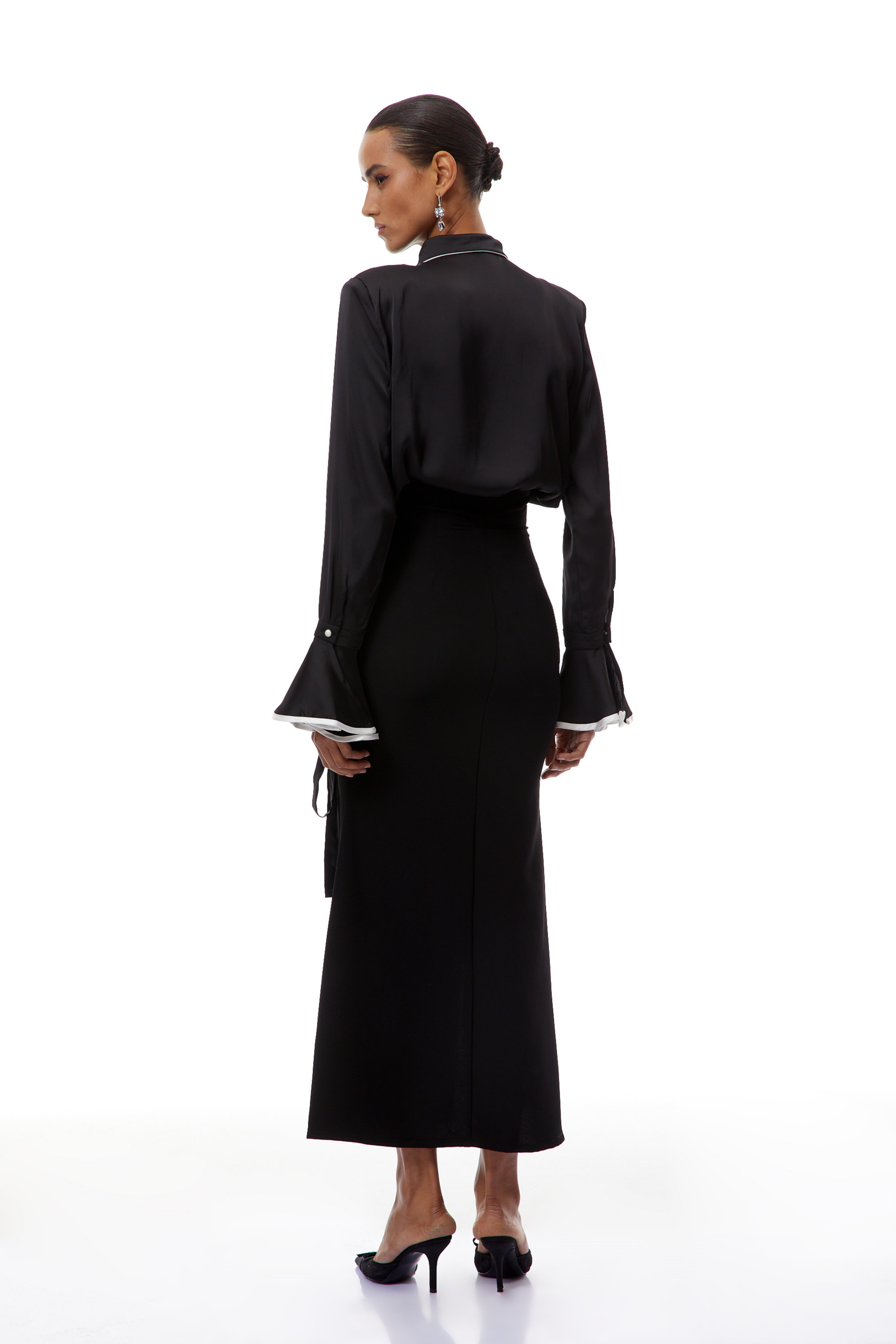 Cornelia Black Ruffled Blouse & Lace Up Skirt Set