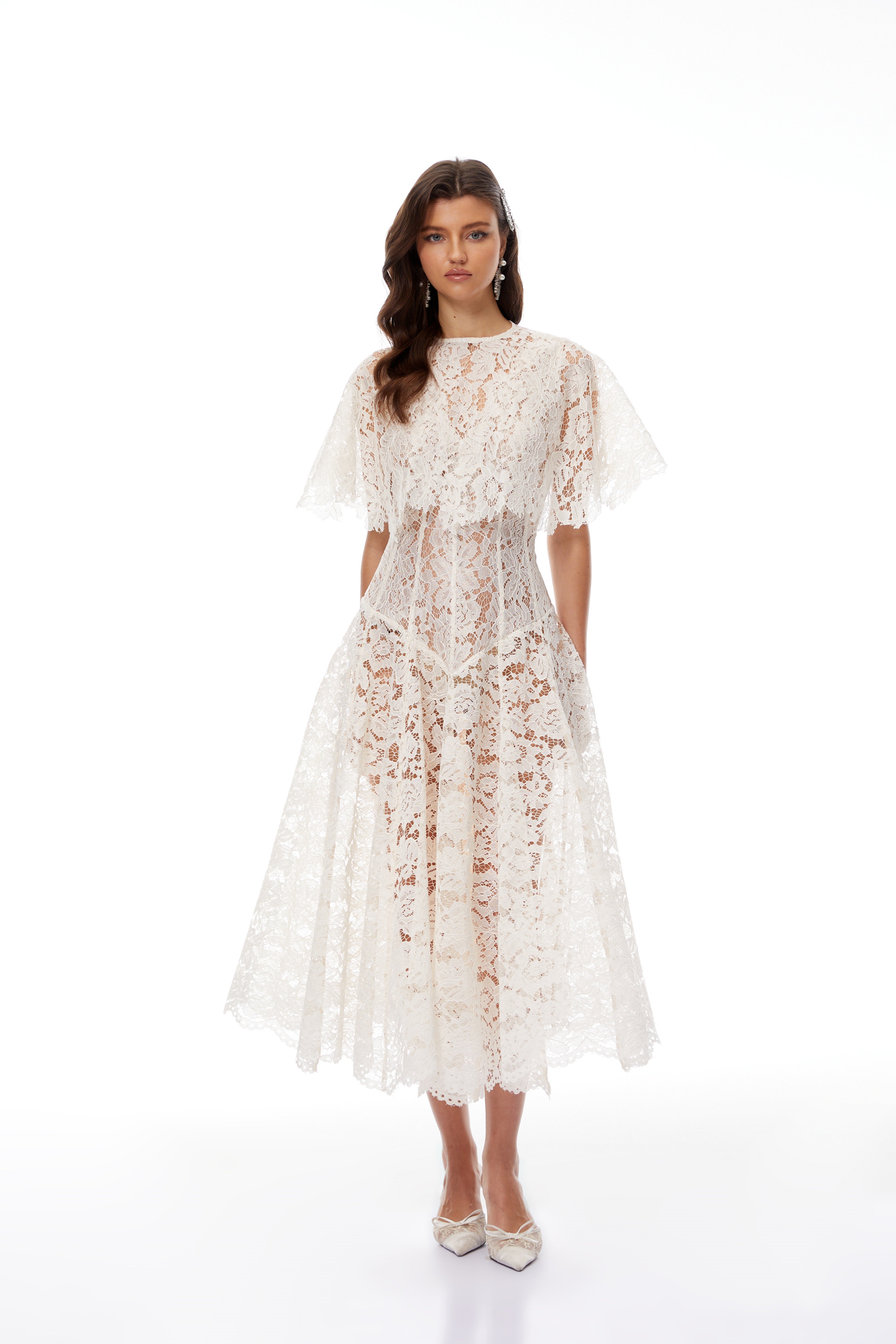 Alaia White Cape Design Floral Lace Midi Dress