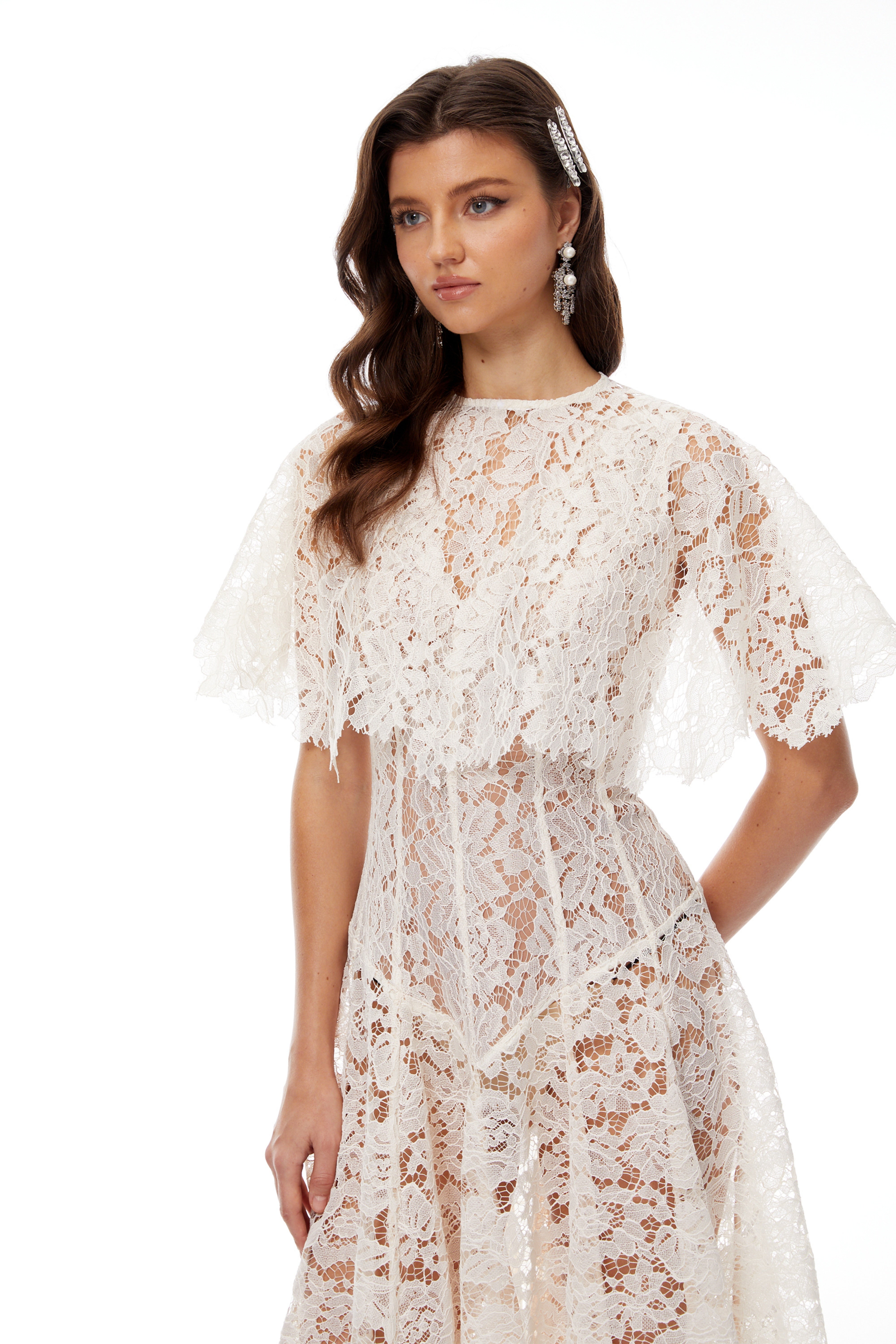 Alaia White Cape Design Floral Lace Midi Dress