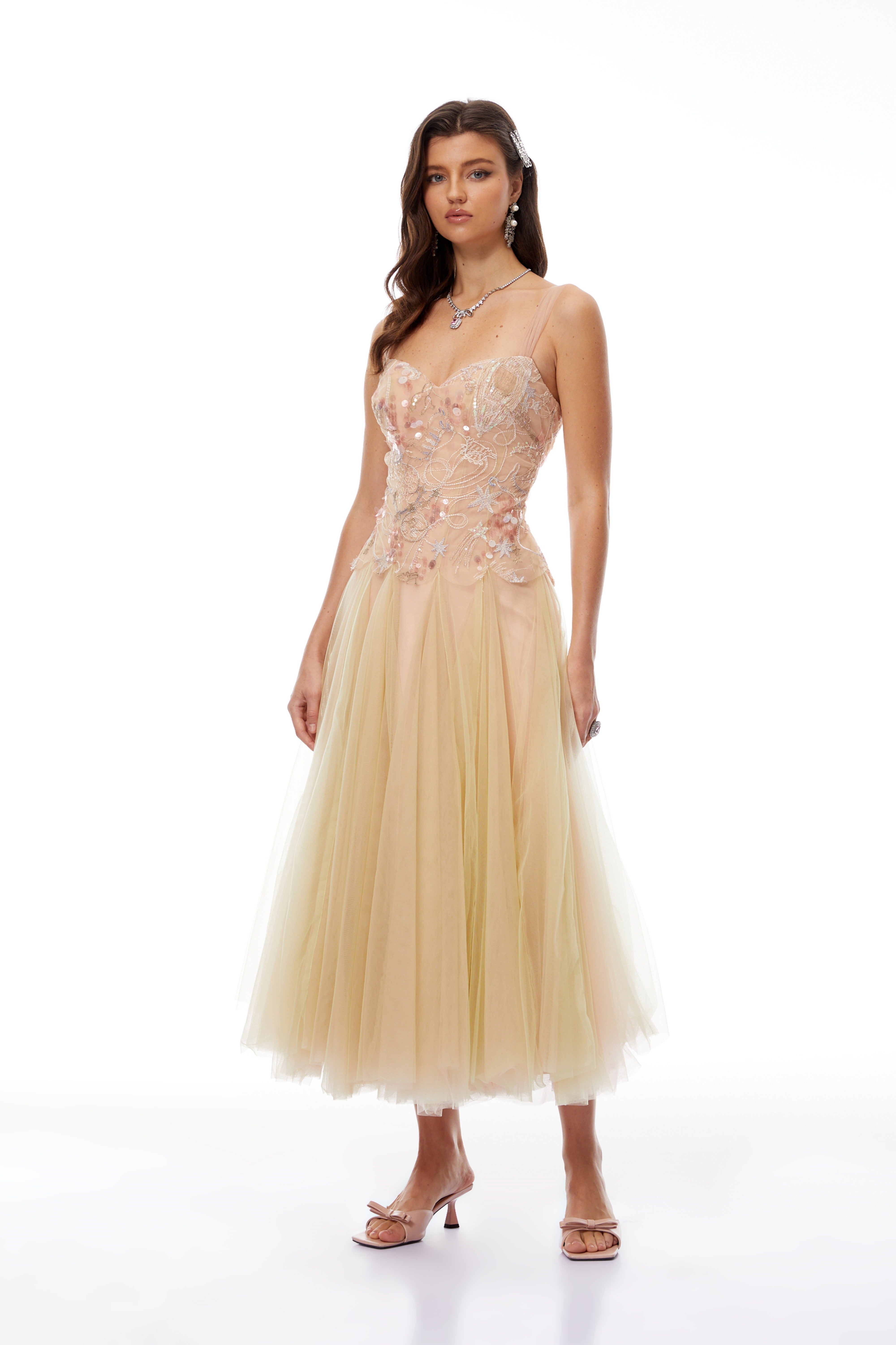 Remi Neutral Sequined Embroidered Tulle Midi Dress
