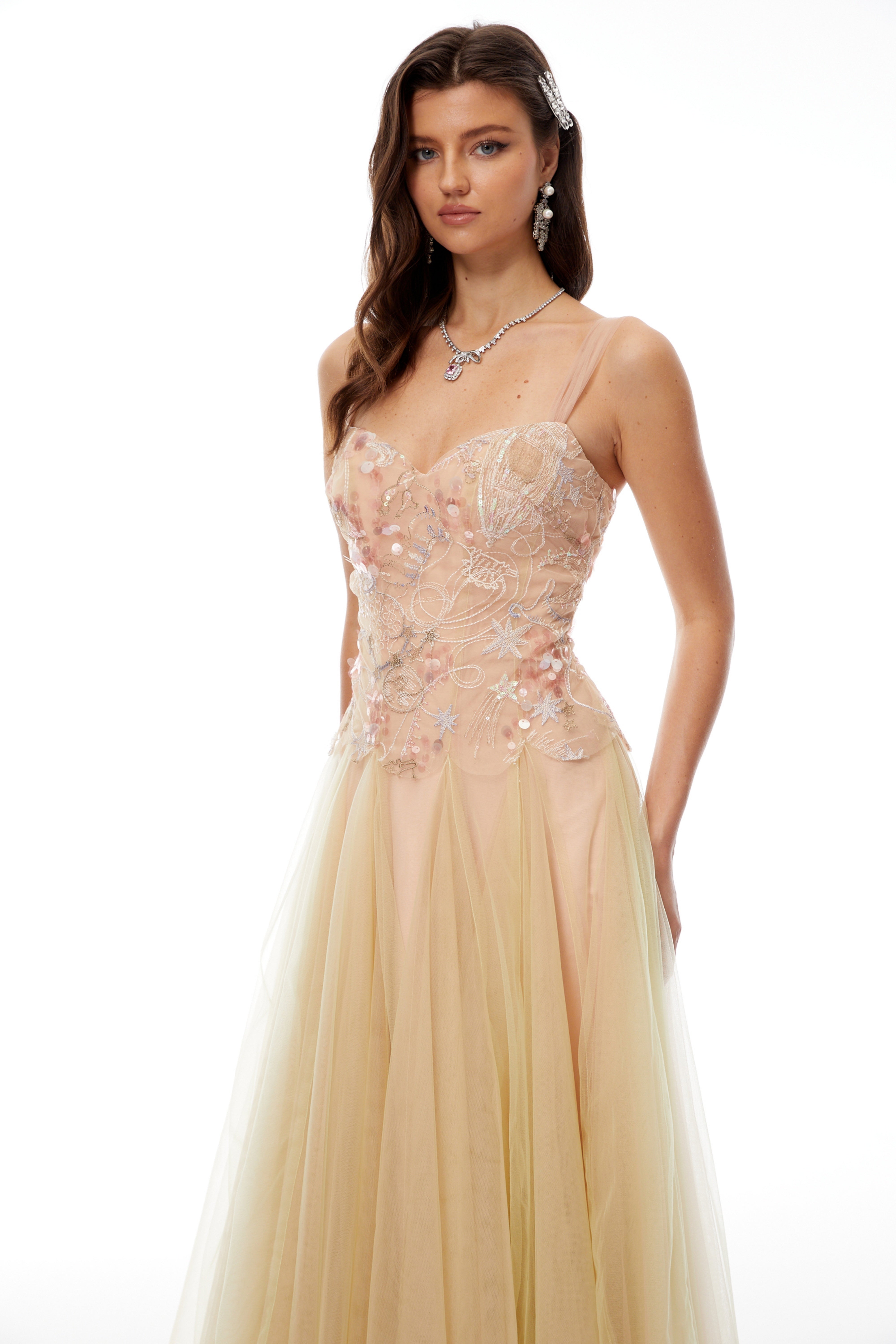 Remi Neutral Sequined Embroidered Tulle Midi Dress