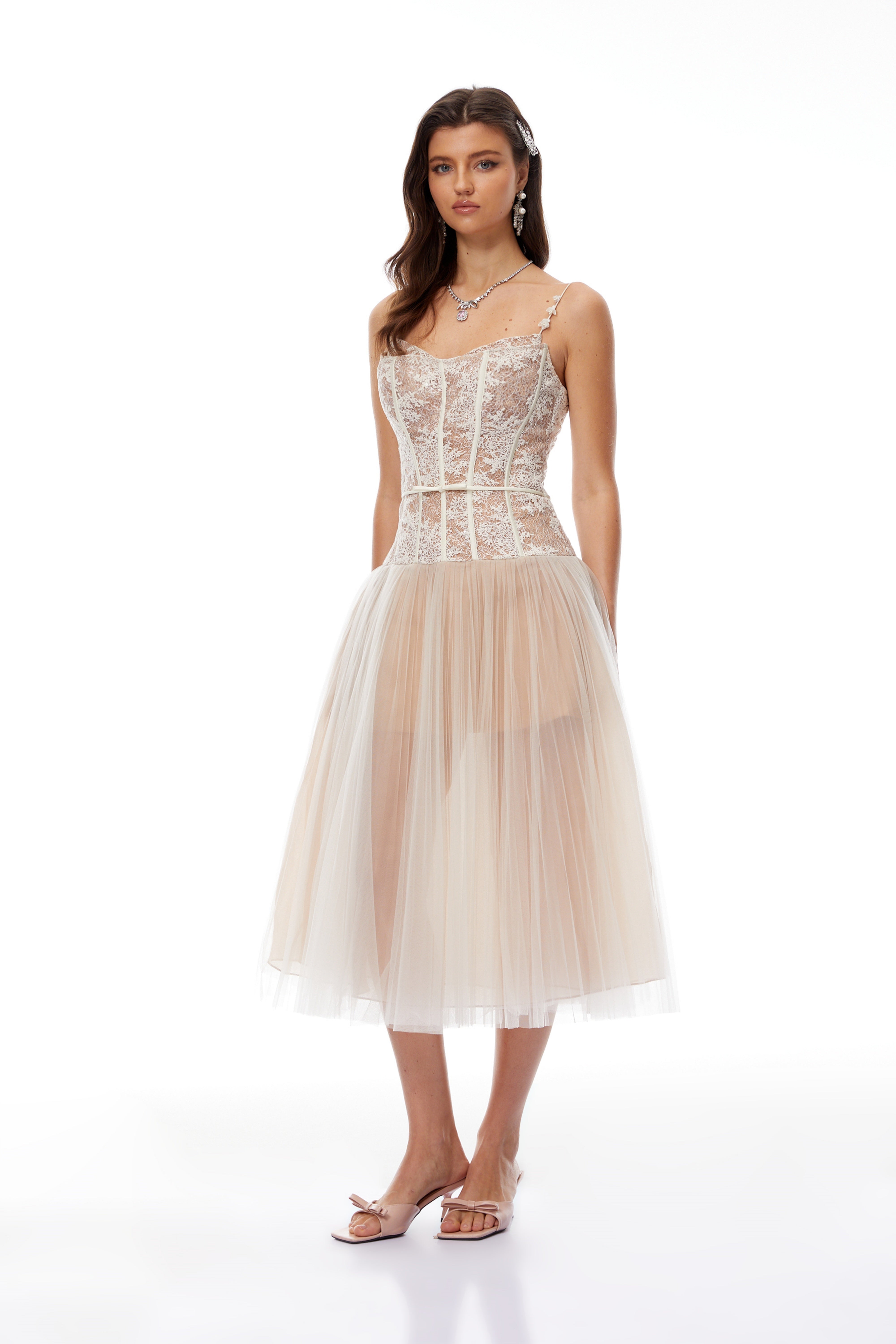 Mira Neutrals Lace Panel Tulle Midi Dress