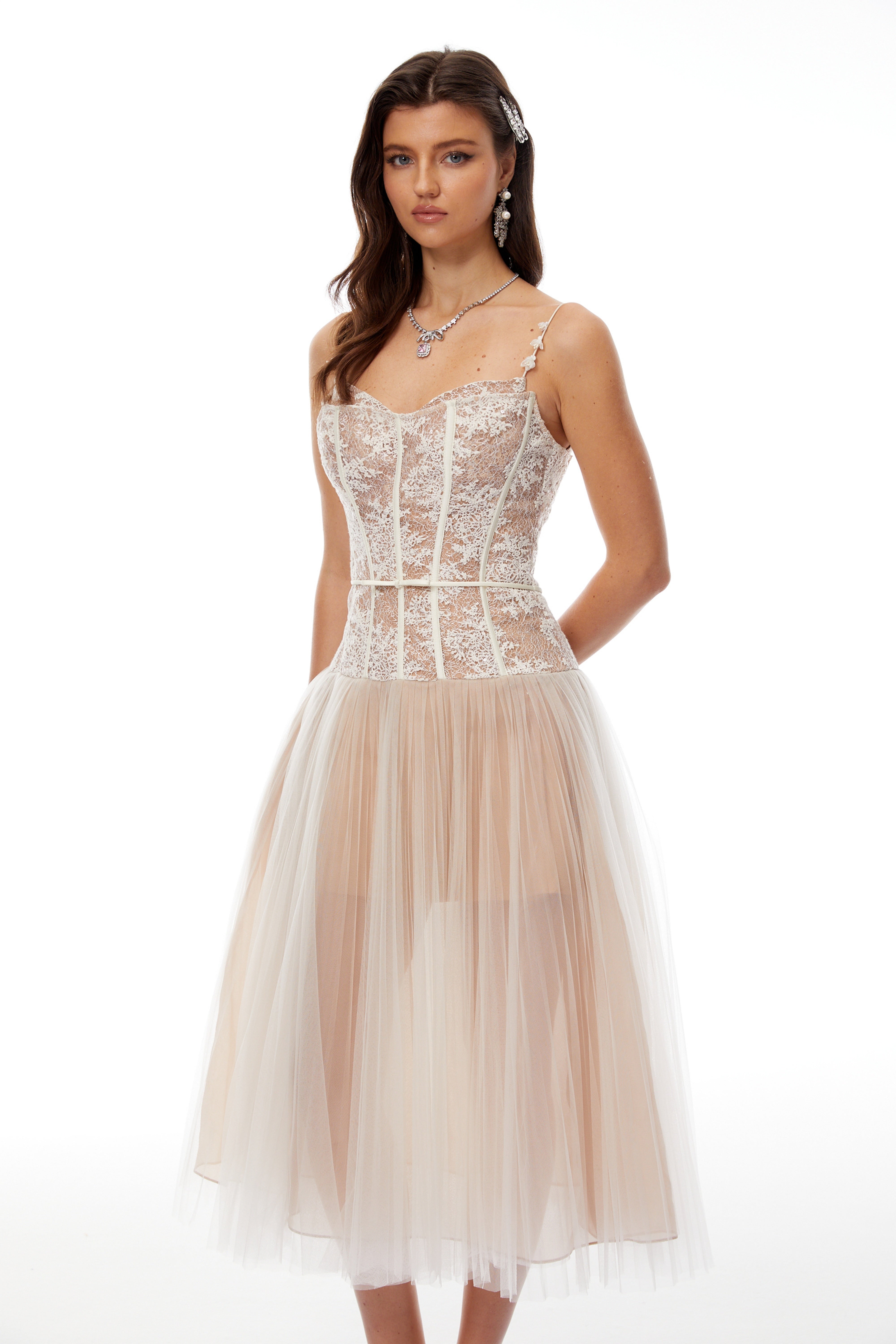 Mira Neutrals Lace Panel Tulle Midi Dress